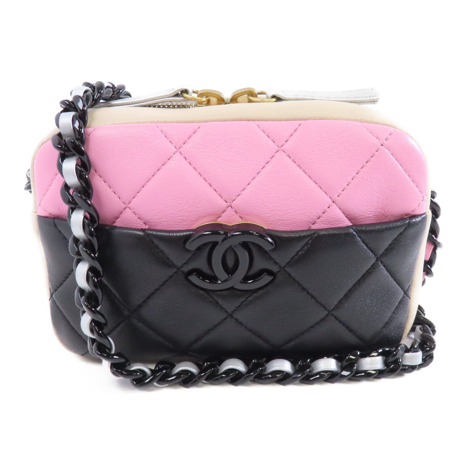 CHANEL 菱格牛皮皮革Shoulder Bag金扣鏈帶肩背袋粉紅色/黑色/米色