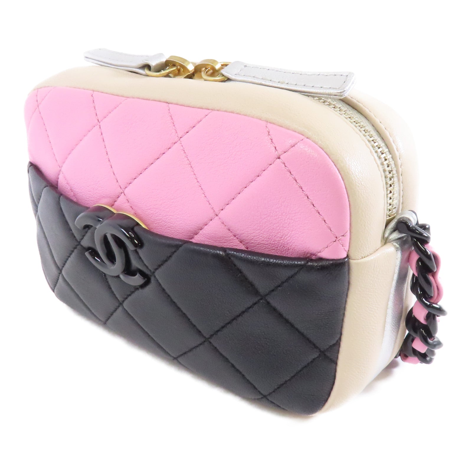 CHANEL 菱格牛皮皮革Shoulder Bag金扣鏈帶肩背袋粉紅色/黑色/米色
