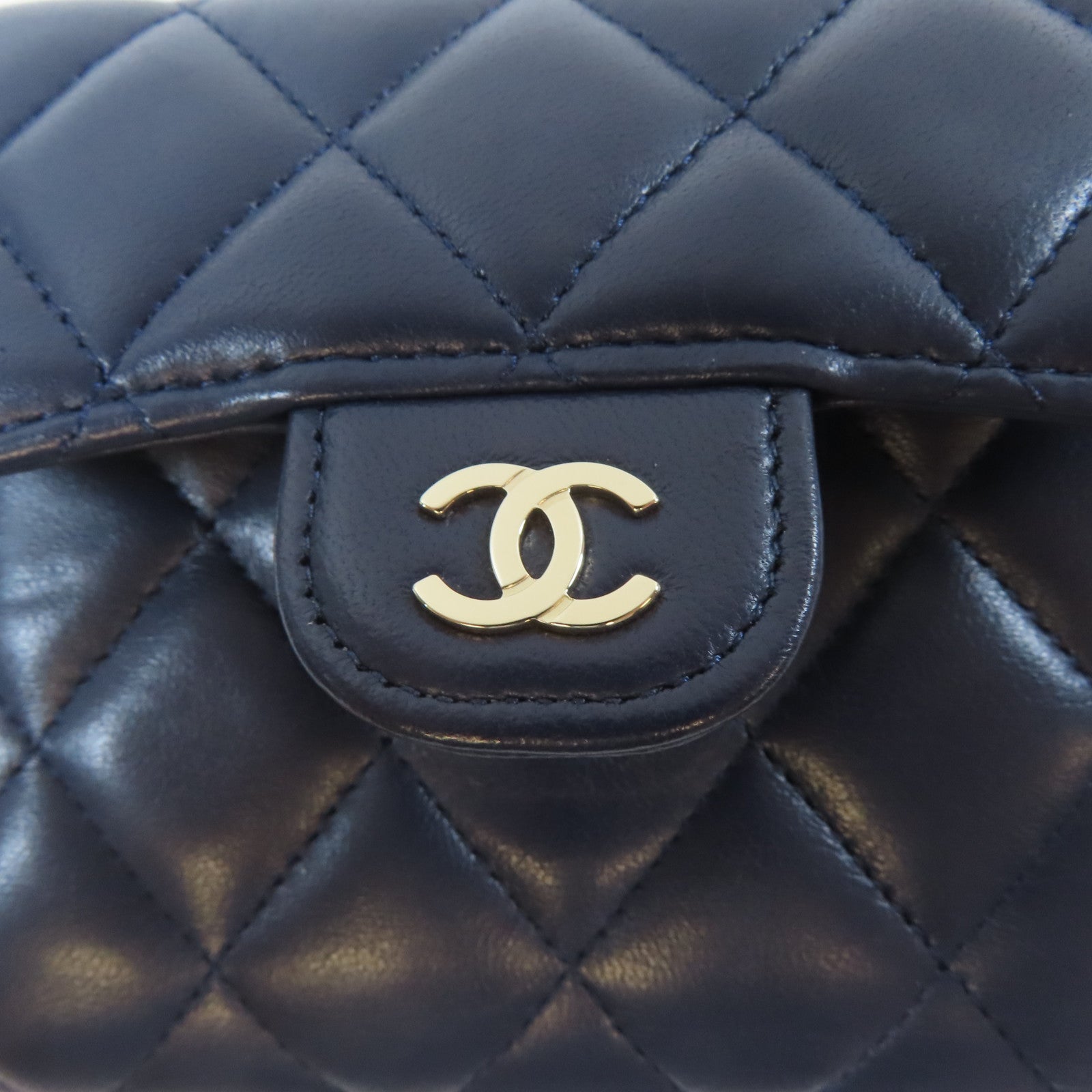 CHANEL 菱格羊皮皮革Wallet金扣啪鈕錢包藍色