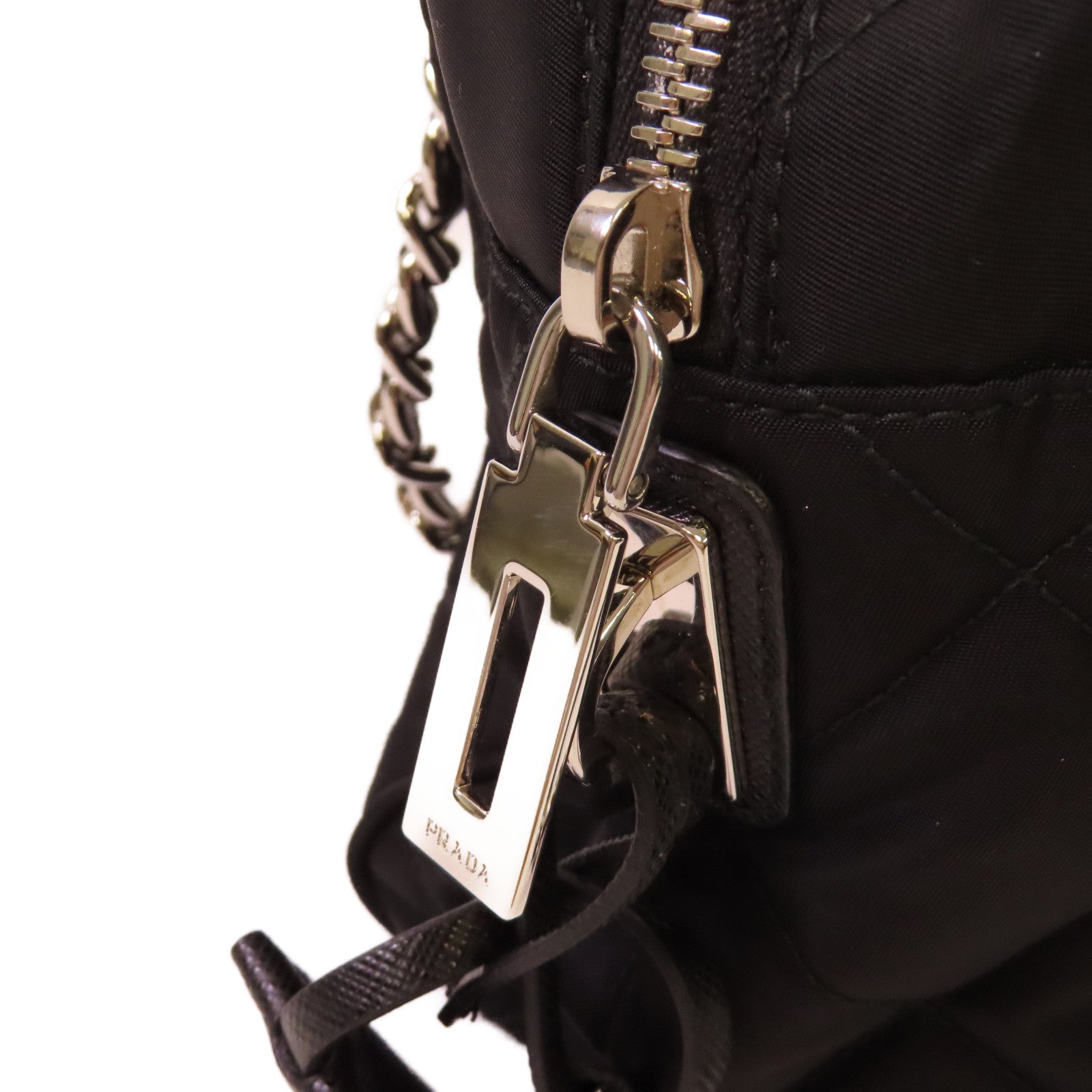 PRADA 菱格尼龍Chain Shoulder Bag銀扣鏈帶肩背袋黑色