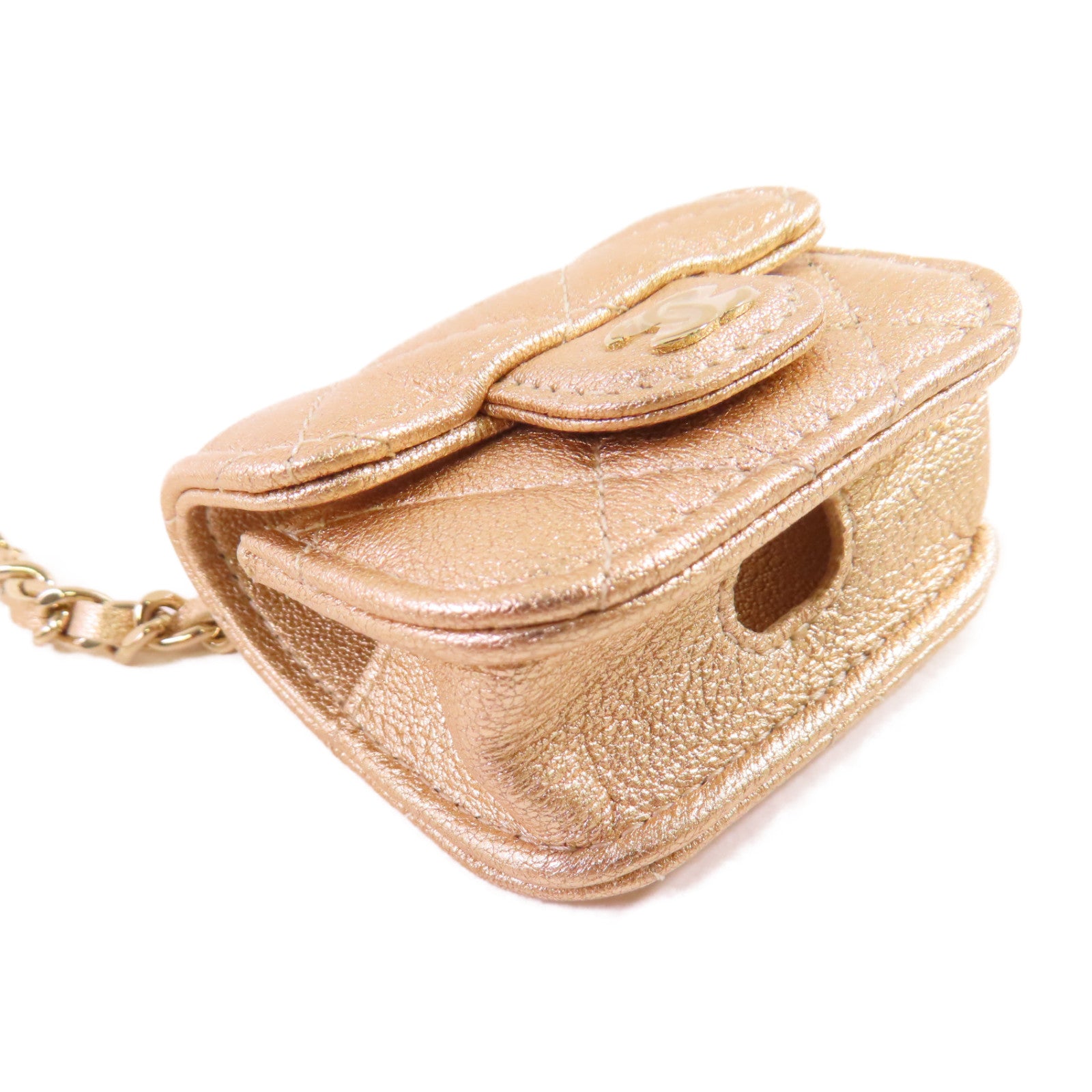 CHANEL 菱格羊皮皮革Coin Pouch and Airpods Case金扣零錢包/耳機套金色