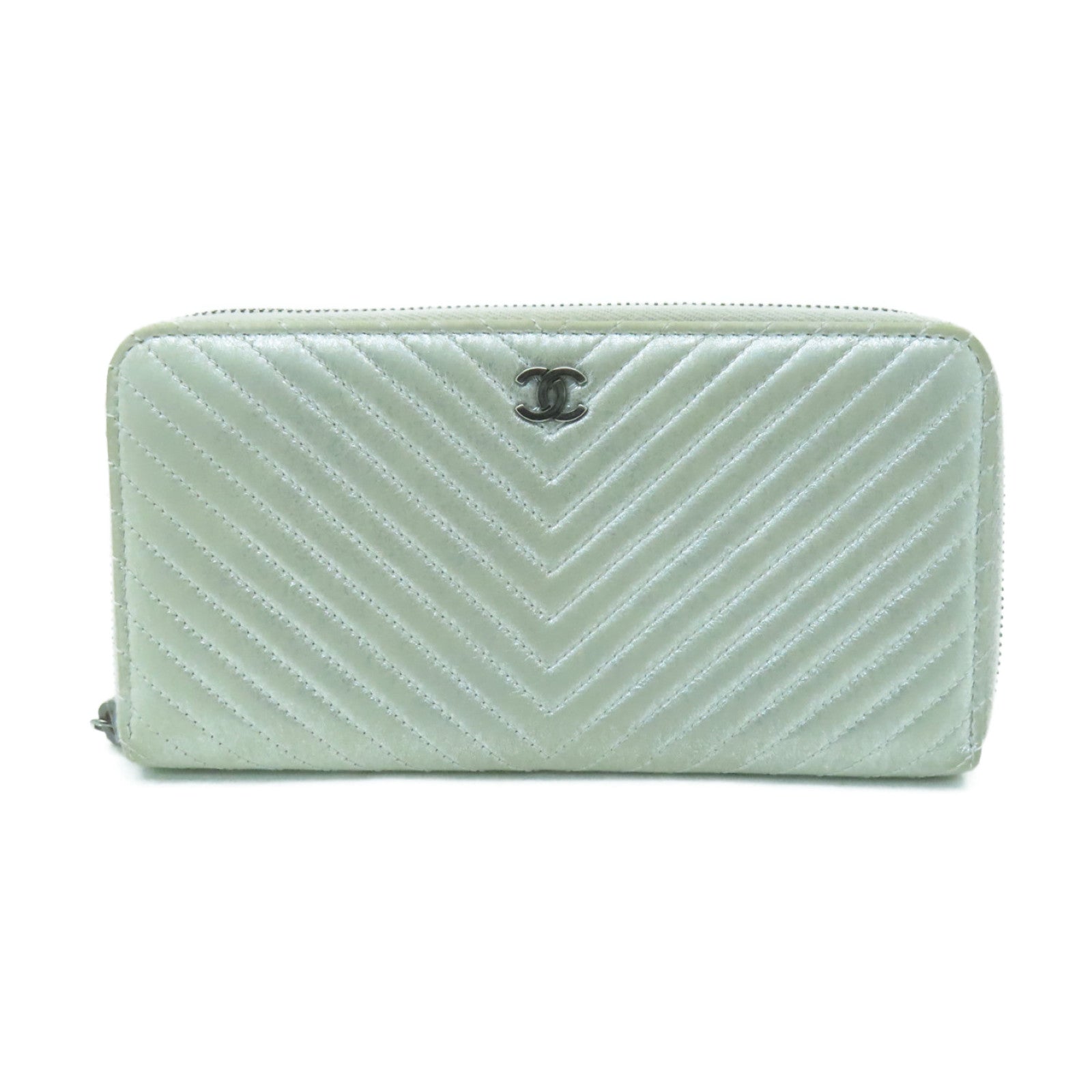 CHANEL 【激減優惠】斜紋羊皮皮革Zipped Long Wallet銀扣長錢包銀色