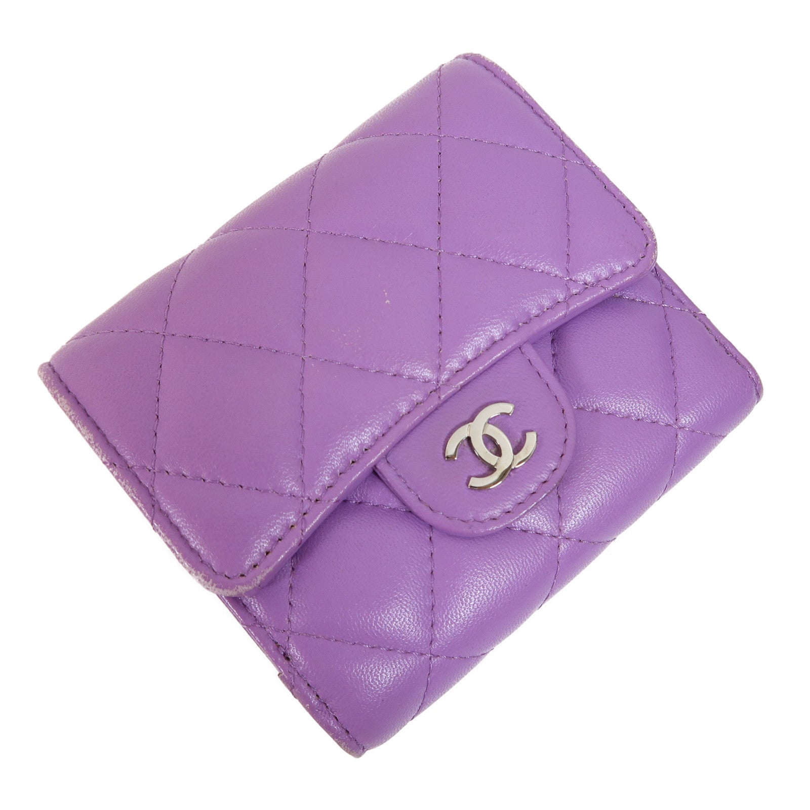 CHANEL 菱格羊皮皮革Wallet銀扣錢包紫色