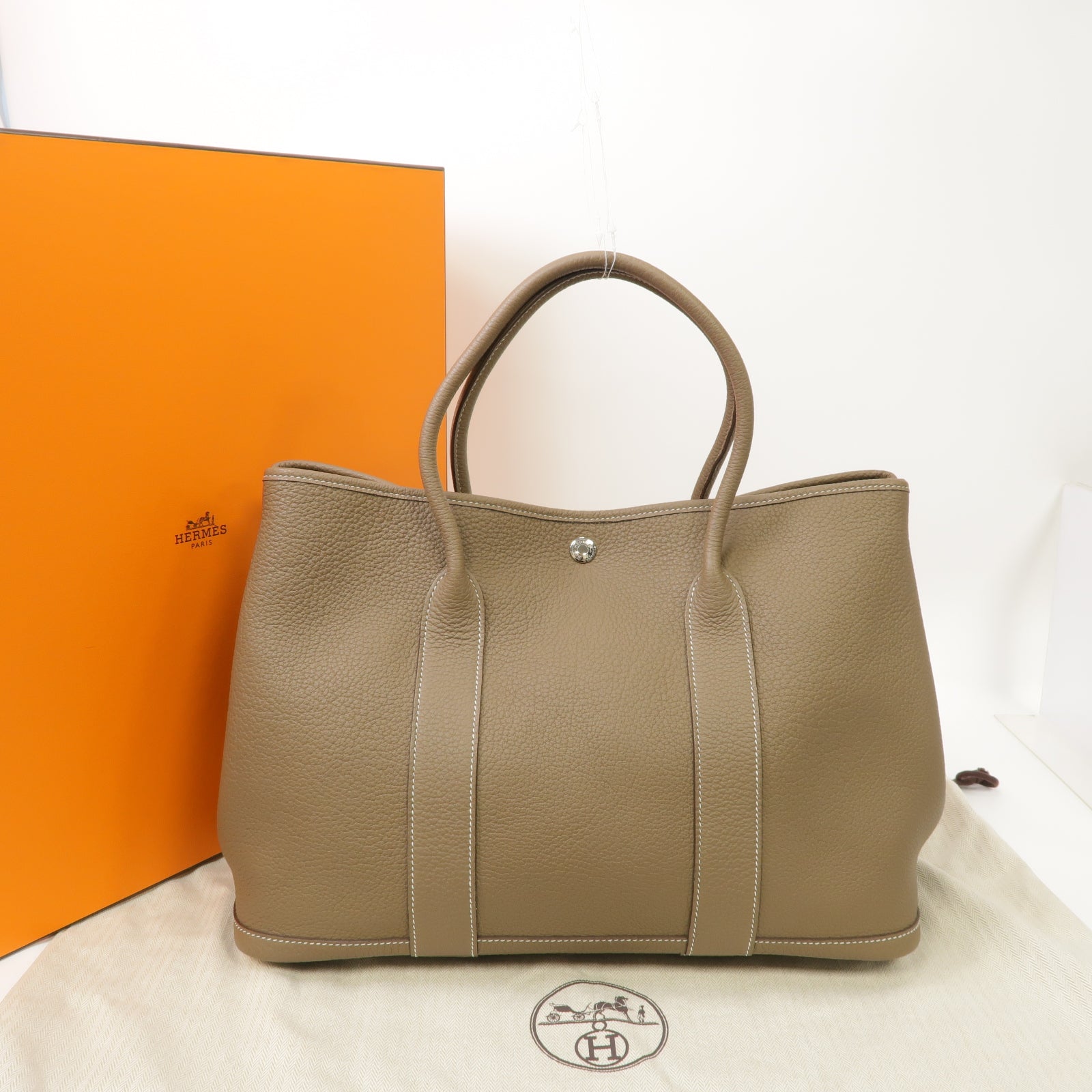 HERMES Negonda皮革Garden Party PM銀扣手挽袋Etoupe米灰色