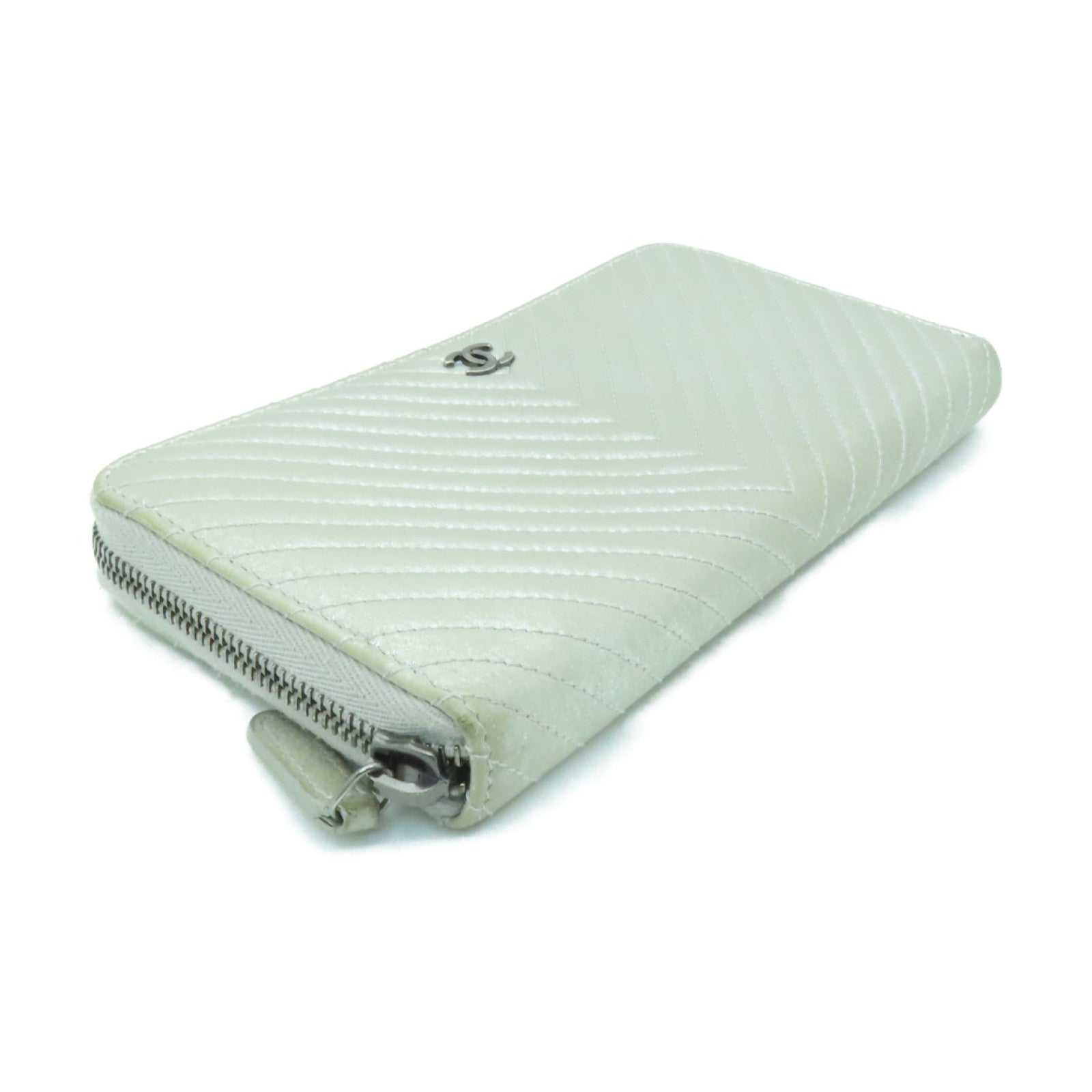CHANEL 【激減優惠】斜紋羊皮皮革Zipped Long Wallet銀扣長錢包銀色