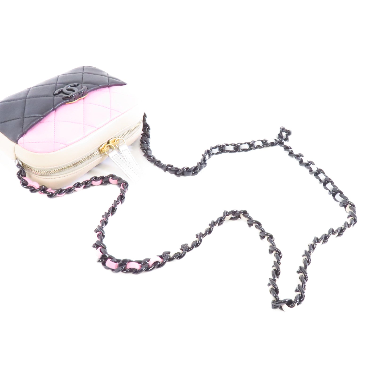 CHANEL 菱格牛皮皮革Shoulder Bag金扣鏈帶肩背袋粉紅色/黑色/米色