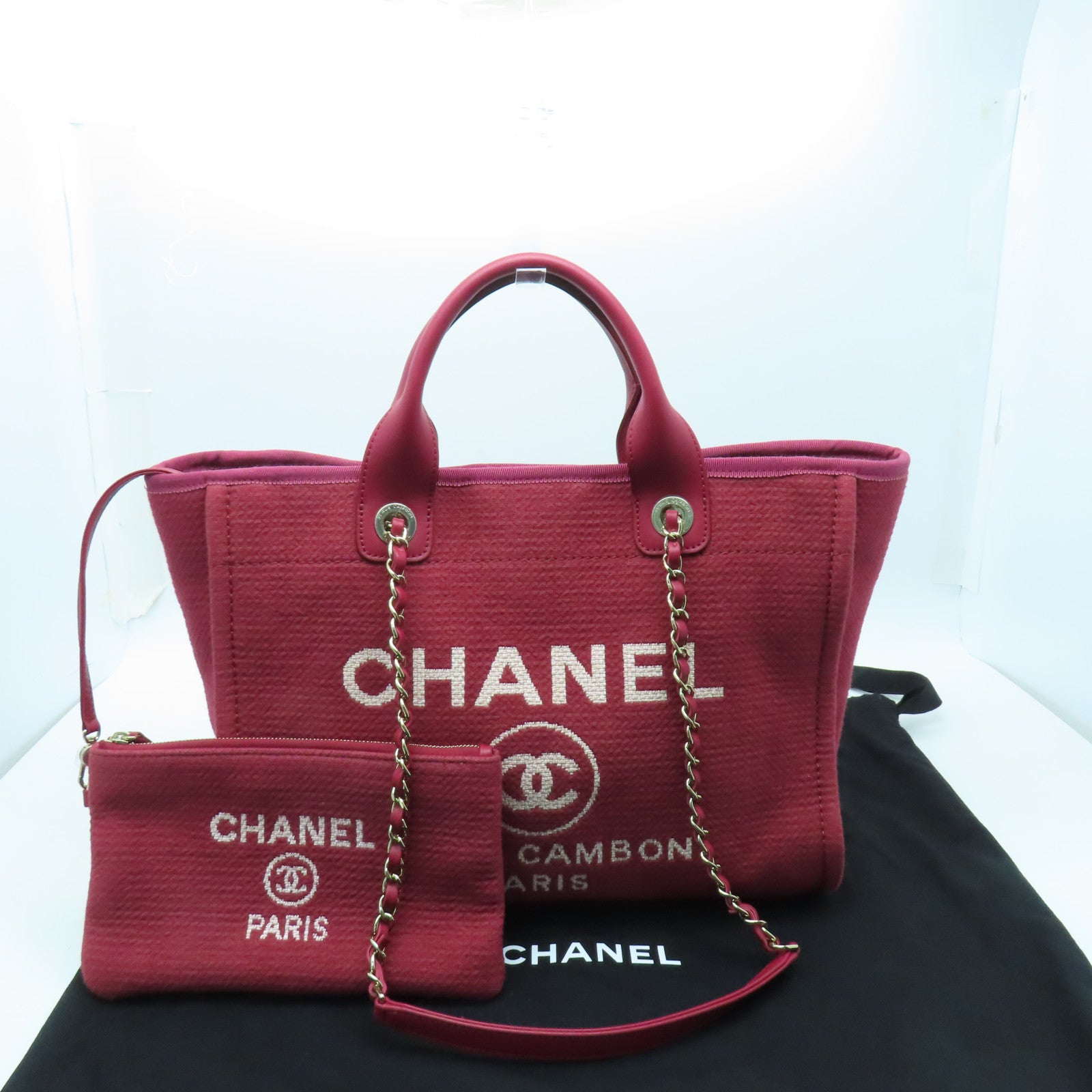 CHANEL 【清倉大減價】帆布Deauville金扣手挽肩背兩用袋紅色