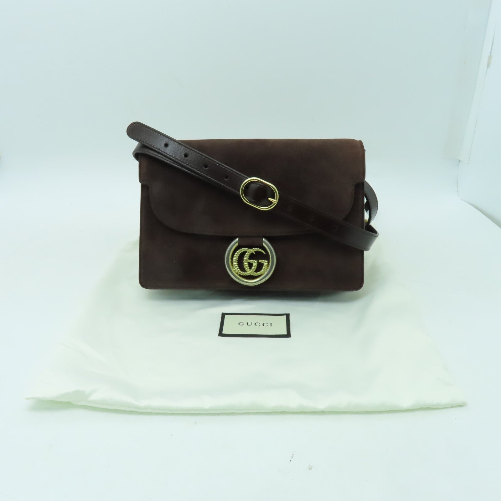 GUCCI 【激減優惠】麂皮皮革Shoulder Bag金扣肩背袋啡色