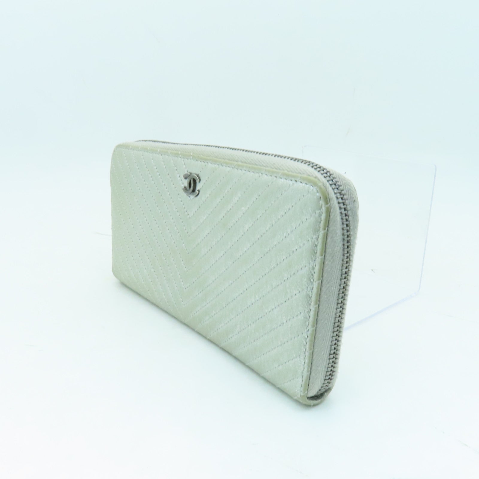 CHANEL 【激減優惠】斜紋羊皮皮革Zipped Long Wallet銀扣長錢包銀色