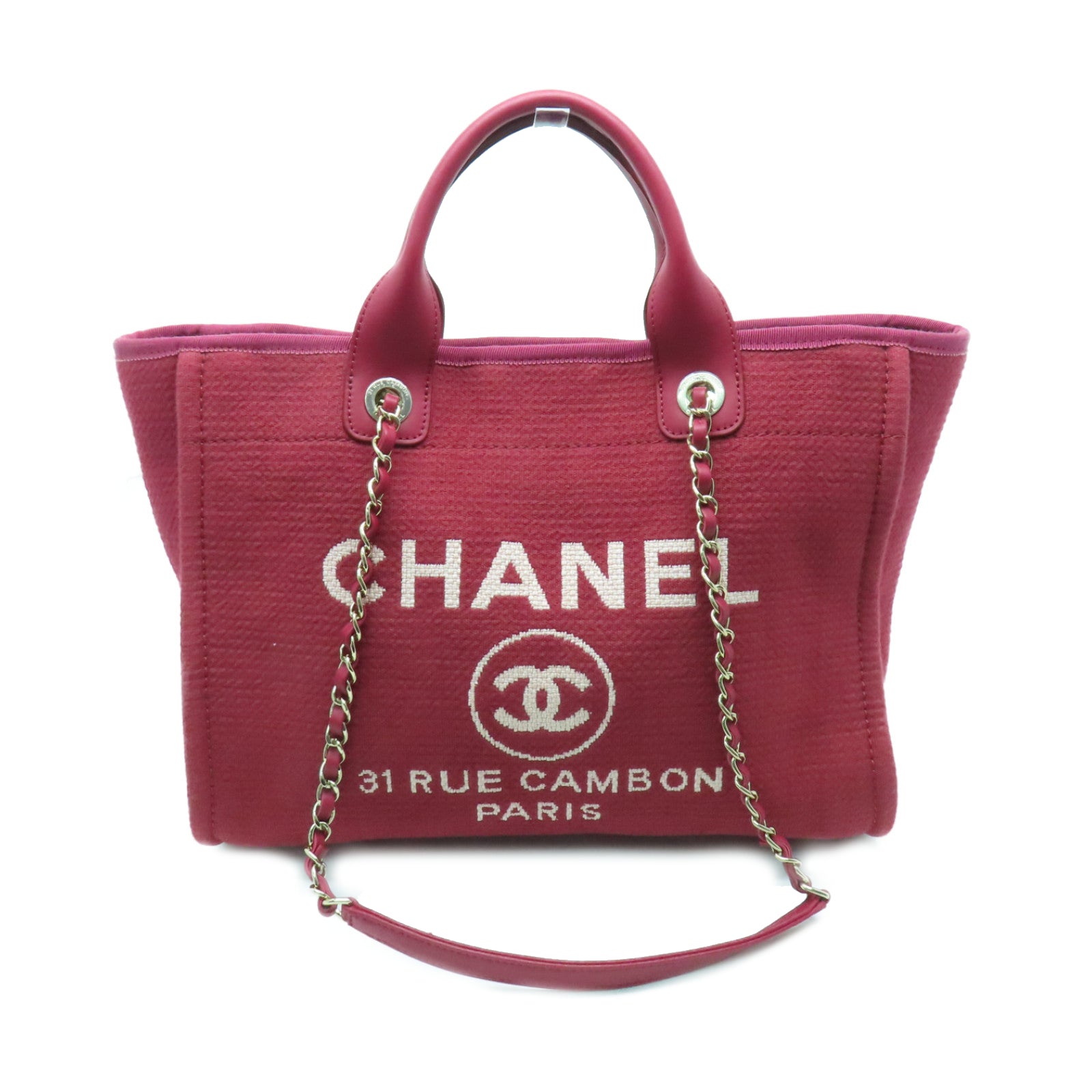 CHANEL 【清倉大減價】帆布Deauville金扣手挽肩背兩用袋紅色