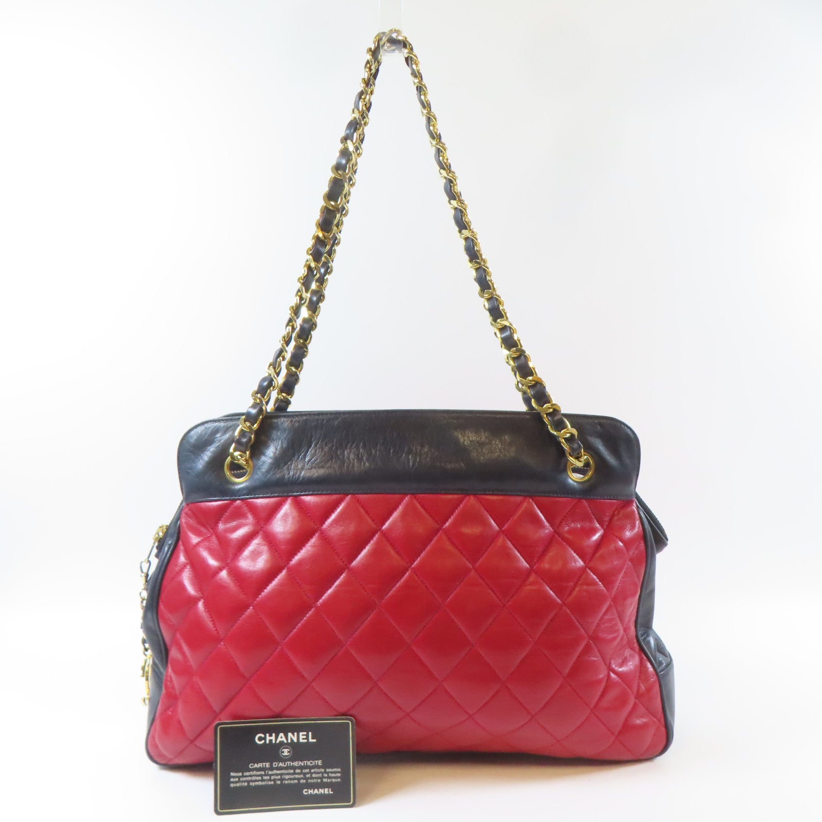 CHANEL 菱格羊皮皮革Chain Shoulder Bag金扣鏈帶肩背袋紅色/深藍色