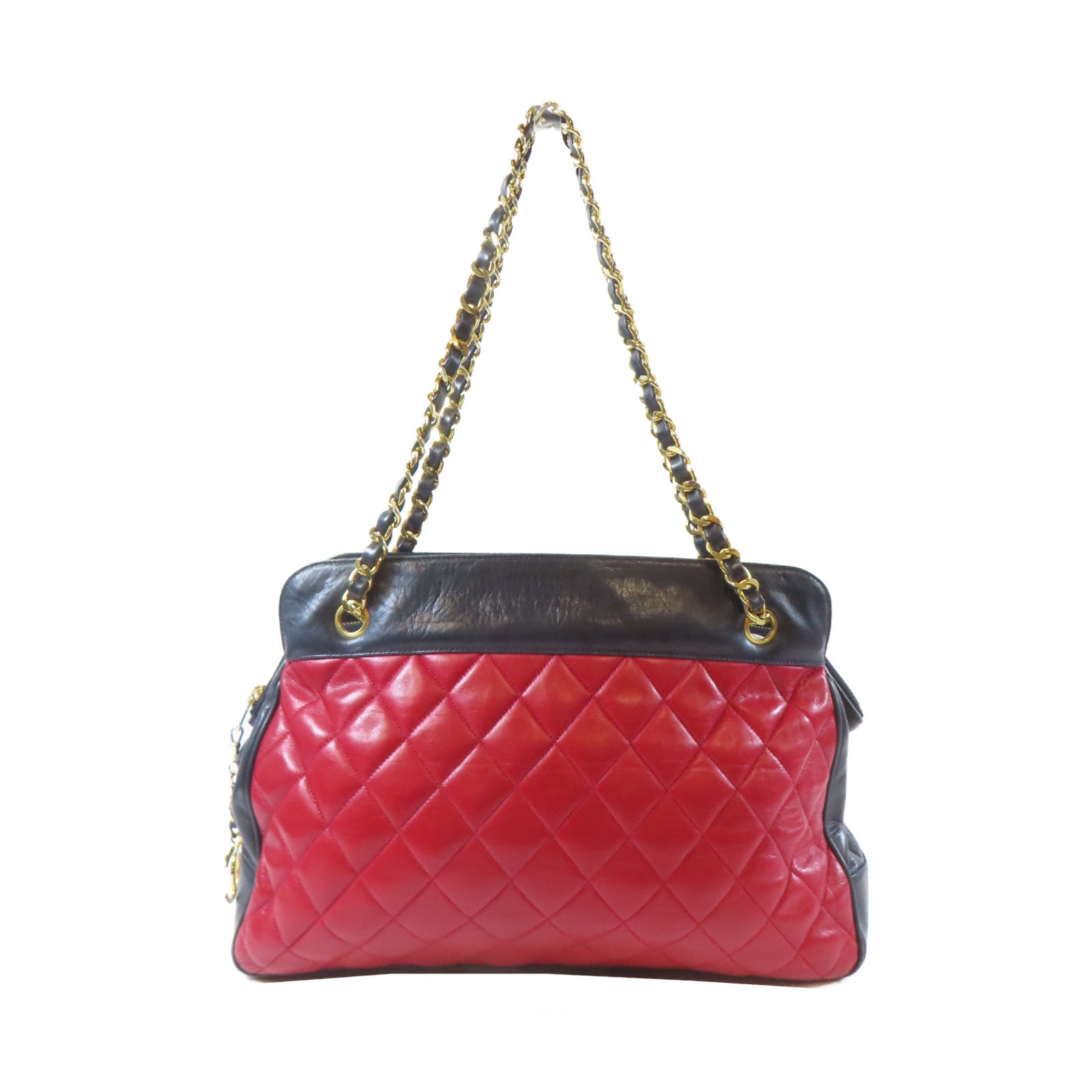 CHANEL 菱格羊皮皮革Chain Shoulder Bag金扣鏈帶肩背袋紅色/深藍色