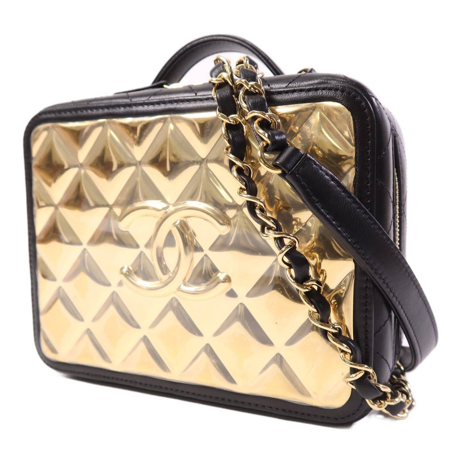 CHANEL 羊皮皮革Vanity Case金扣鏈帶手挽肩背兩用袋