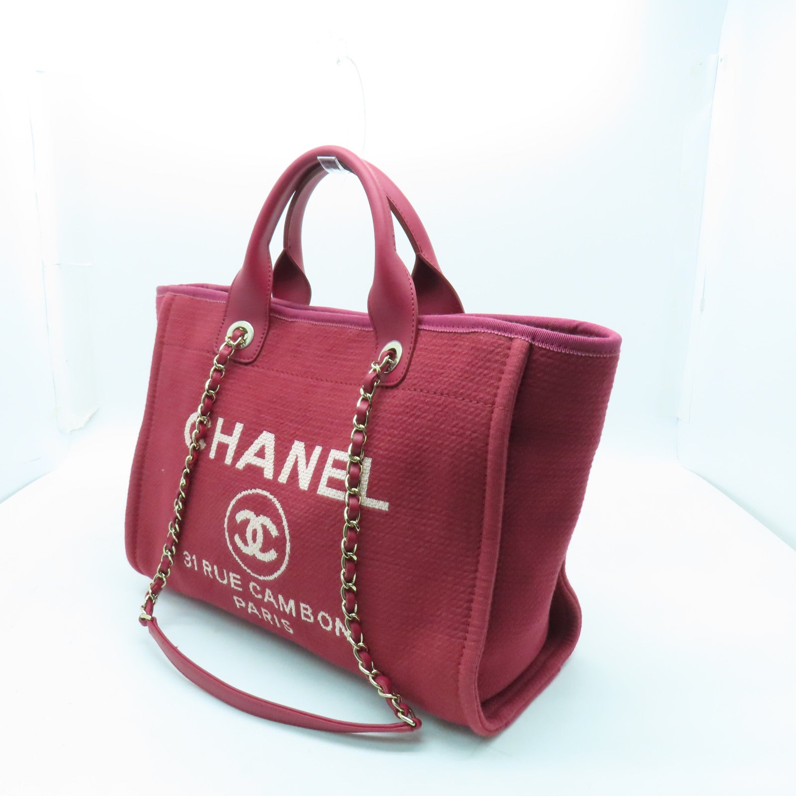 CHANEL 【清倉大減價】帆布Deauville金扣手挽肩背兩用袋紅色