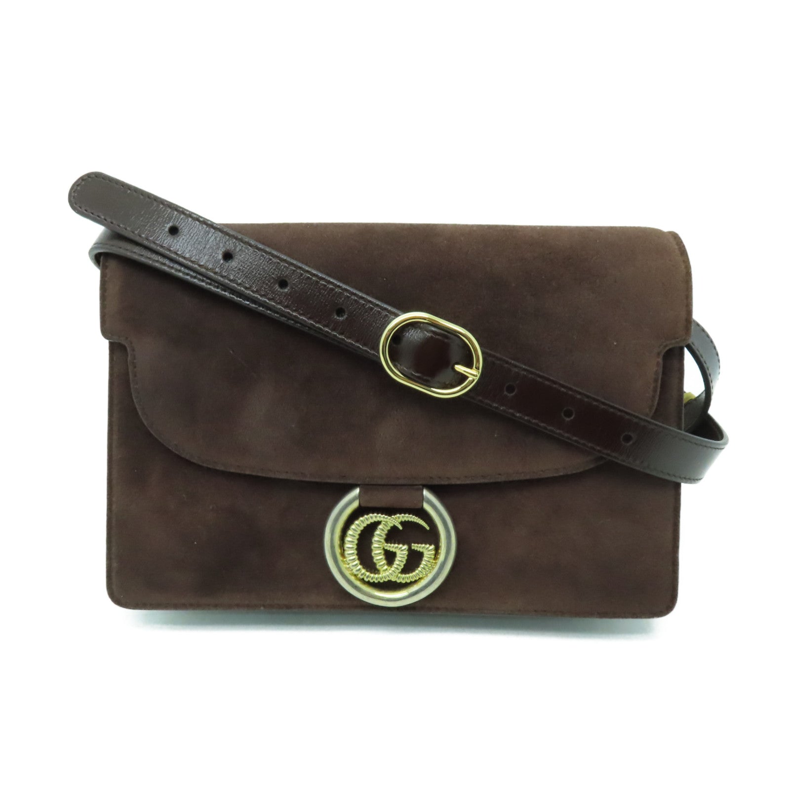 GUCCI 【激減優惠】麂皮皮革Shoulder Bag金扣肩背袋啡色
