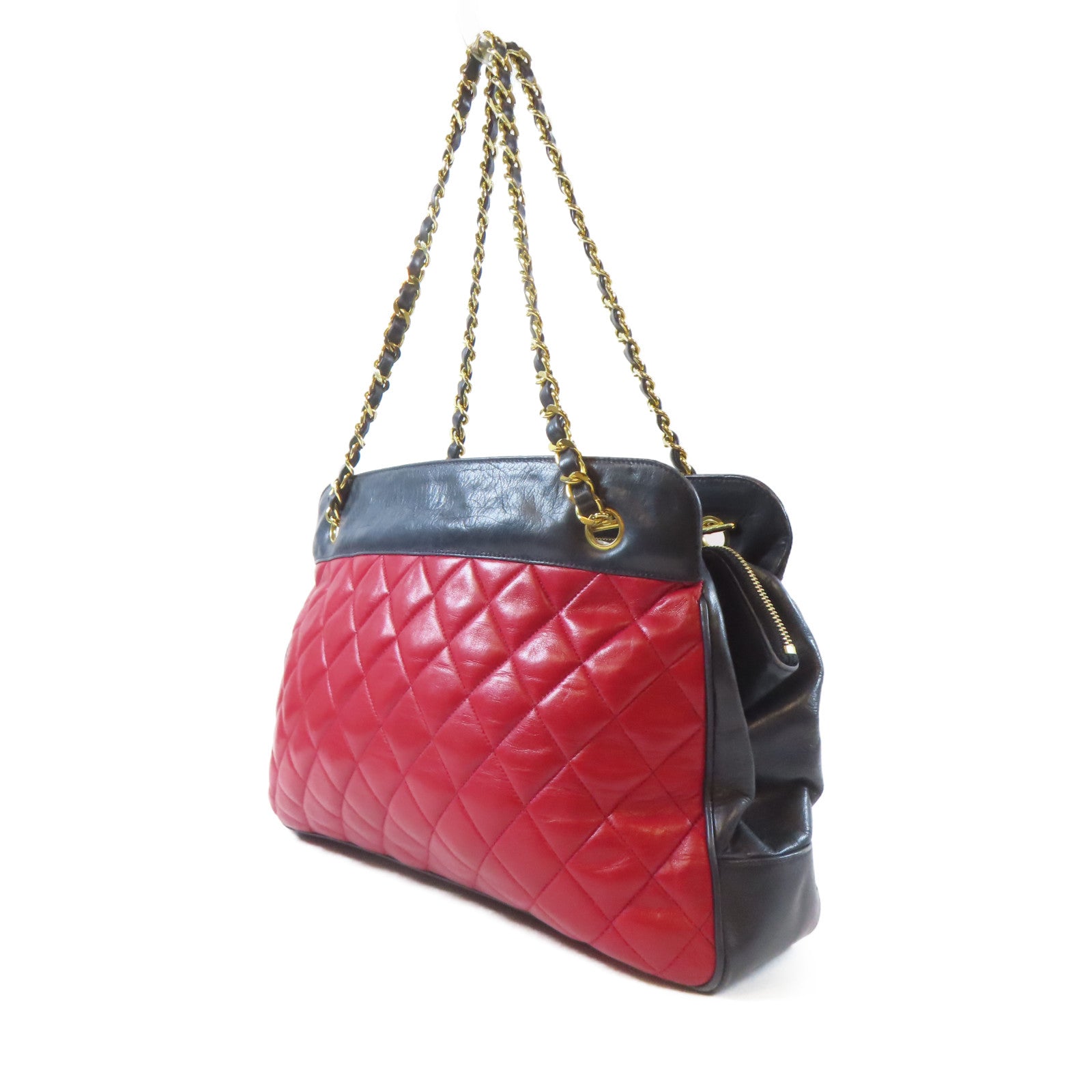 CHANEL 菱格羊皮皮革Chain Shoulder Bag金扣鏈帶肩背袋紅色/深藍色