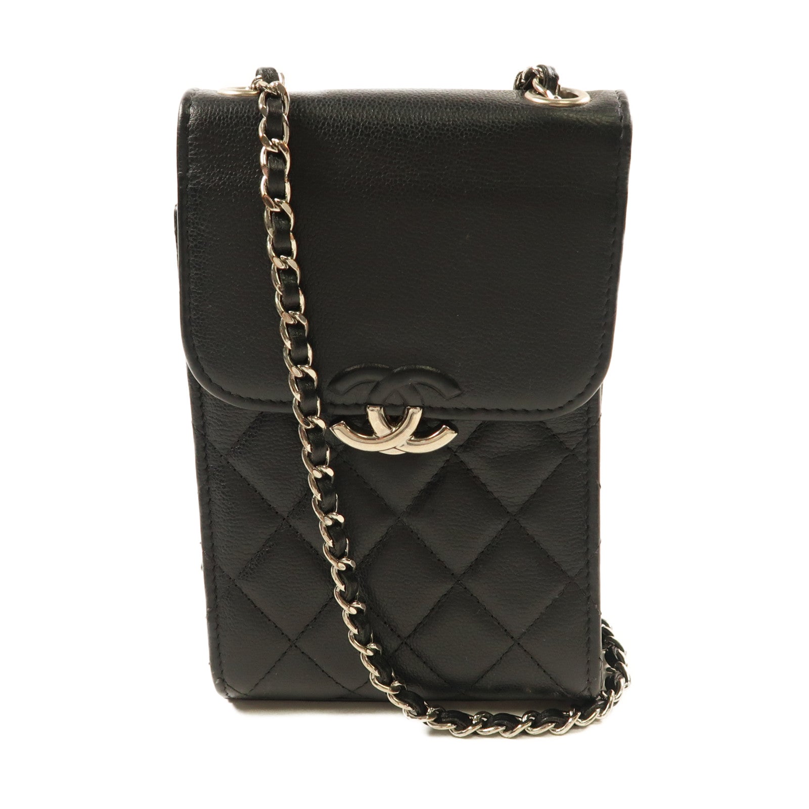 CHANEL 牛皮皮革Chain Shoulder銀扣鏈帶肩背袋黑色