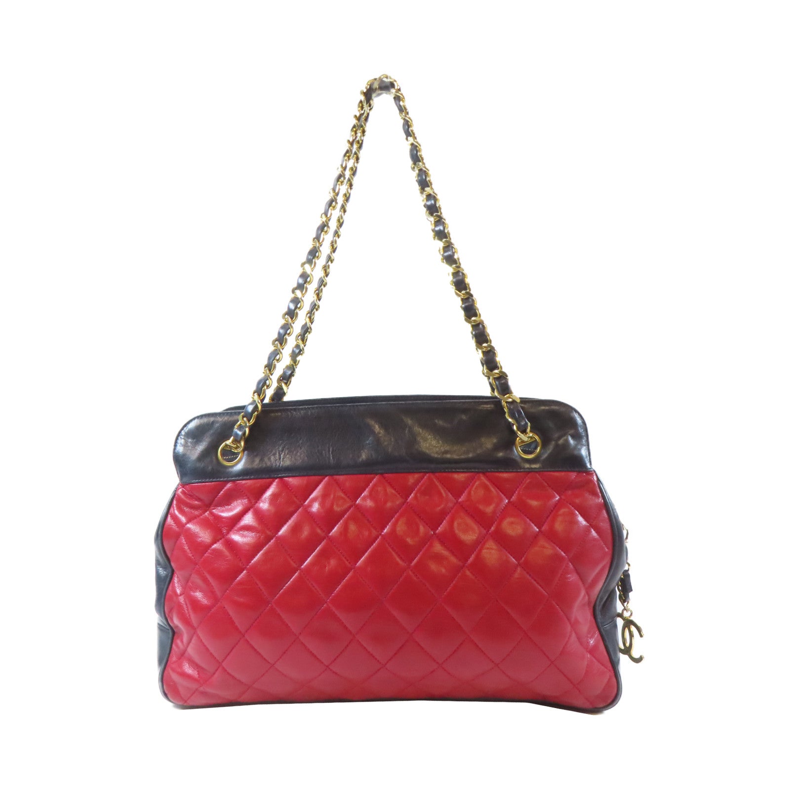 CHANEL 菱格羊皮皮革Chain Shoulder Bag金扣鏈帶肩背袋紅色/深藍色