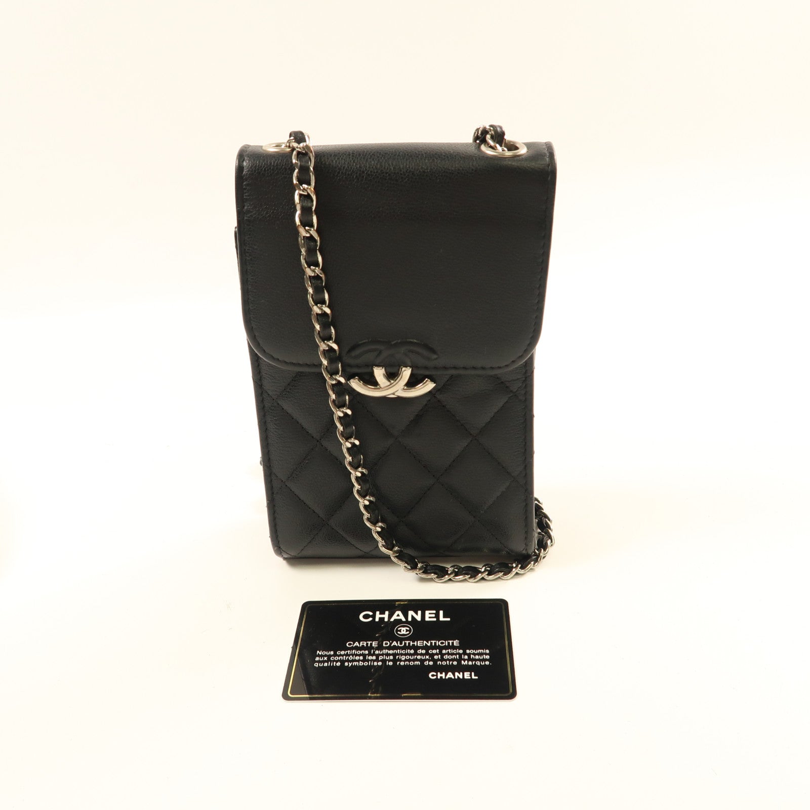 CHANEL 牛皮皮革Chain Shoulder銀扣鏈帶肩背袋黑色