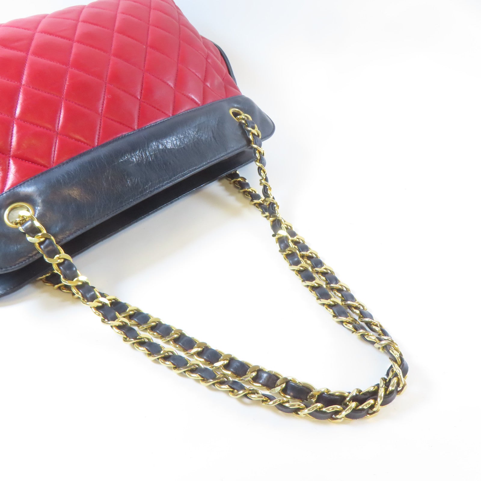 CHANEL 菱格羊皮皮革Chain Shoulder Bag金扣鏈帶肩背袋紅色/深藍色