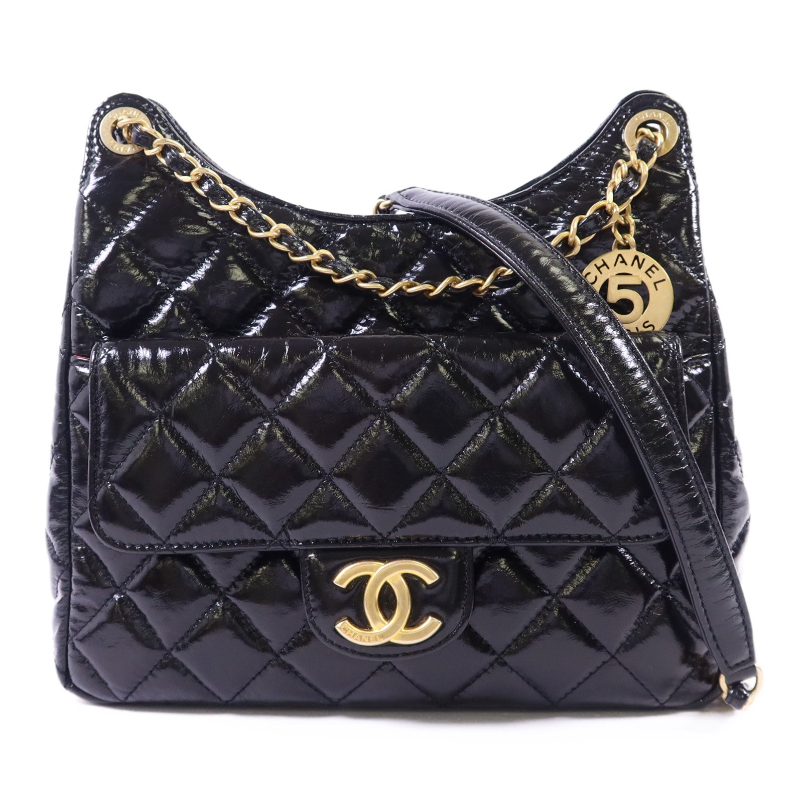 CHANEL 牛皮皮革Shiny Crumpled Hobo金扣鏈帶肩背袋