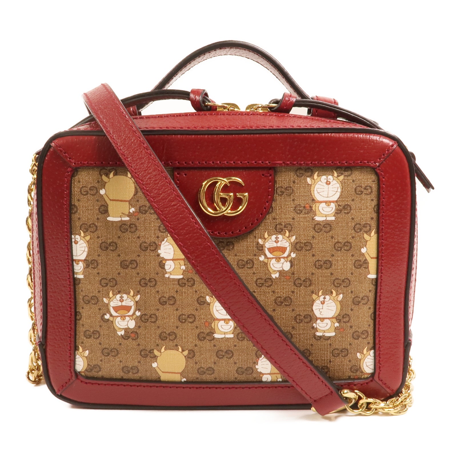 GUCCI 塗層帆布Doraemon Micro GG Supreme鏈帶手挽肩背兩用袋