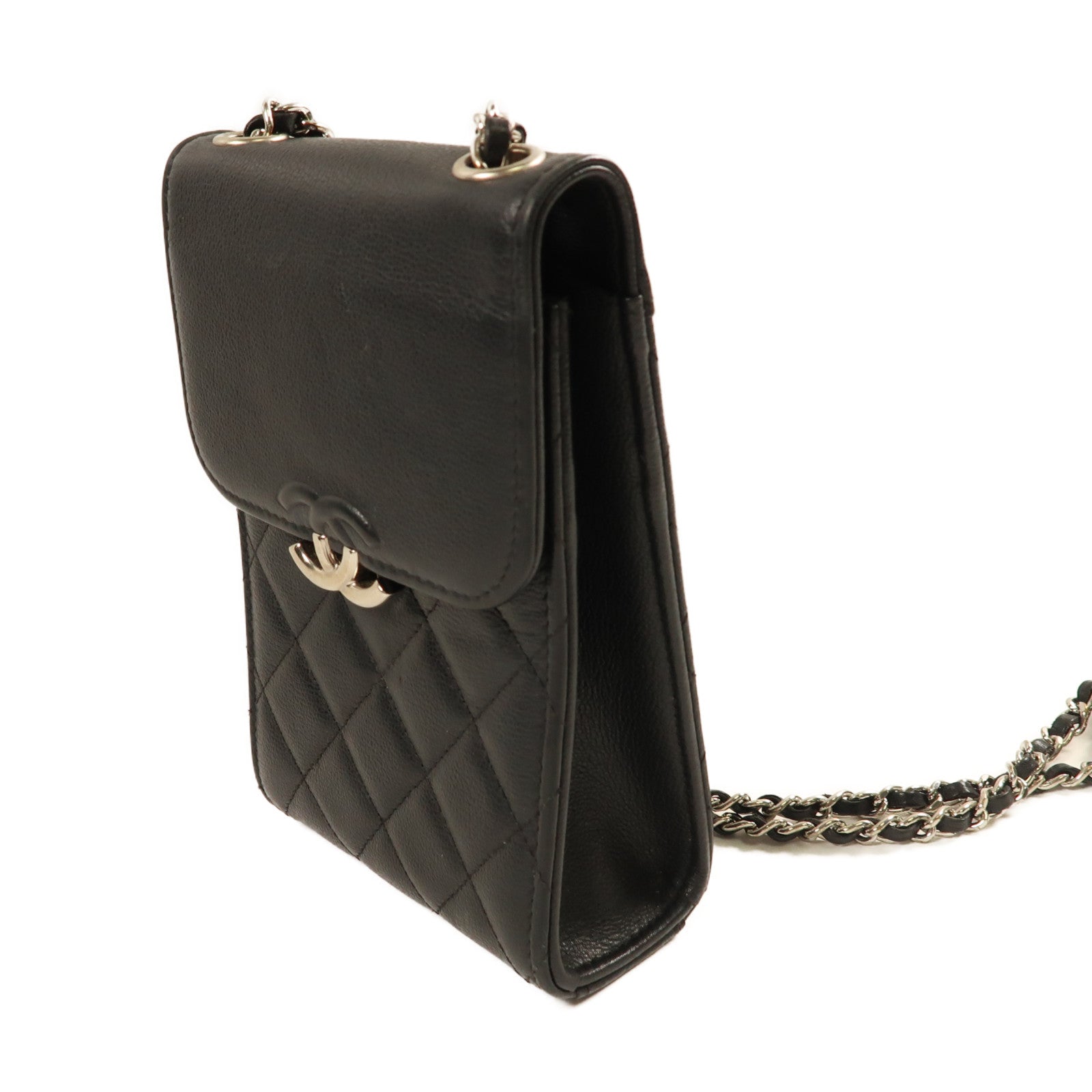 CHANEL 牛皮皮革Chain Shoulder銀扣鏈帶肩背袋黑色