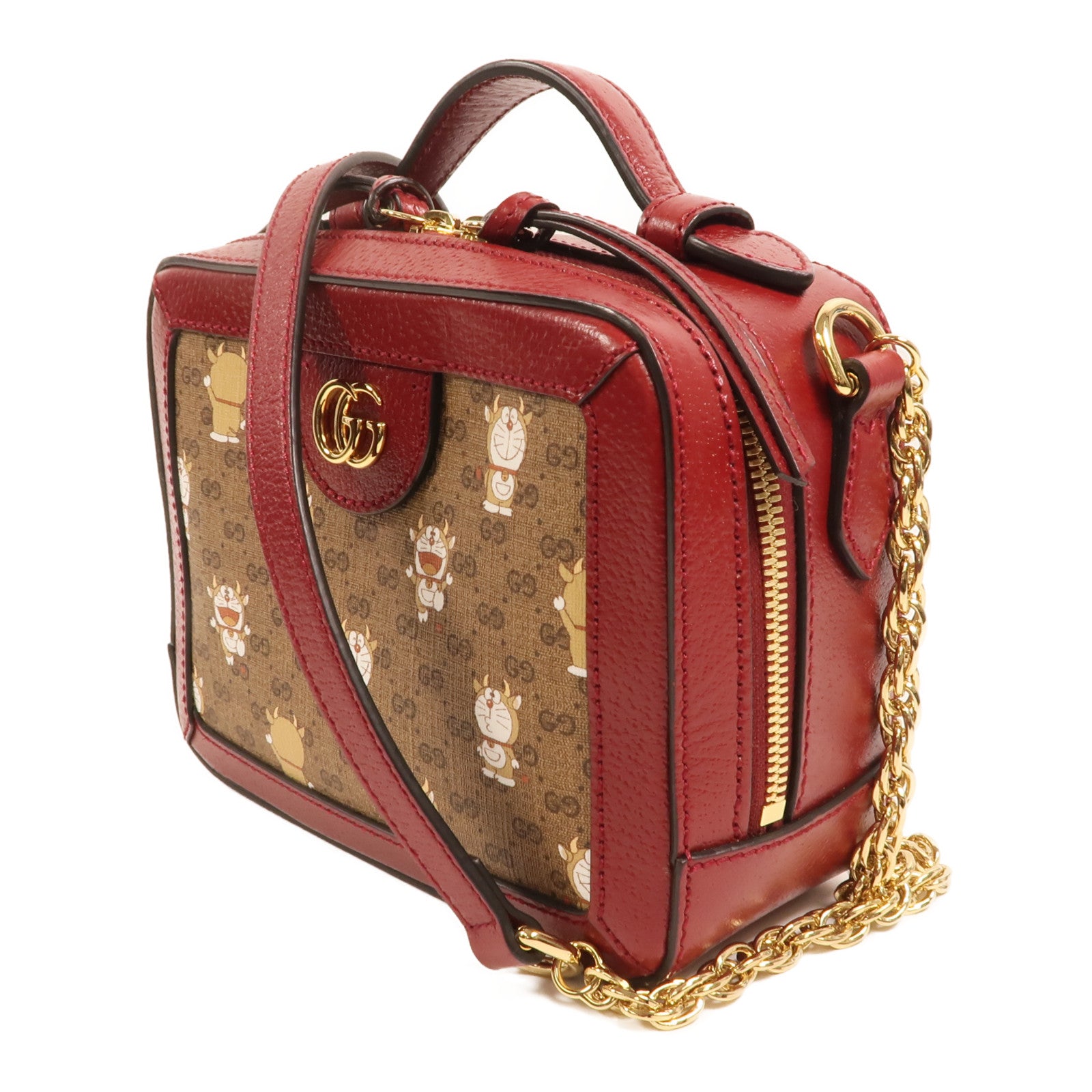 GUCCI 塗層帆布Doraemon Micro GG Supreme鏈帶手挽肩背兩用袋