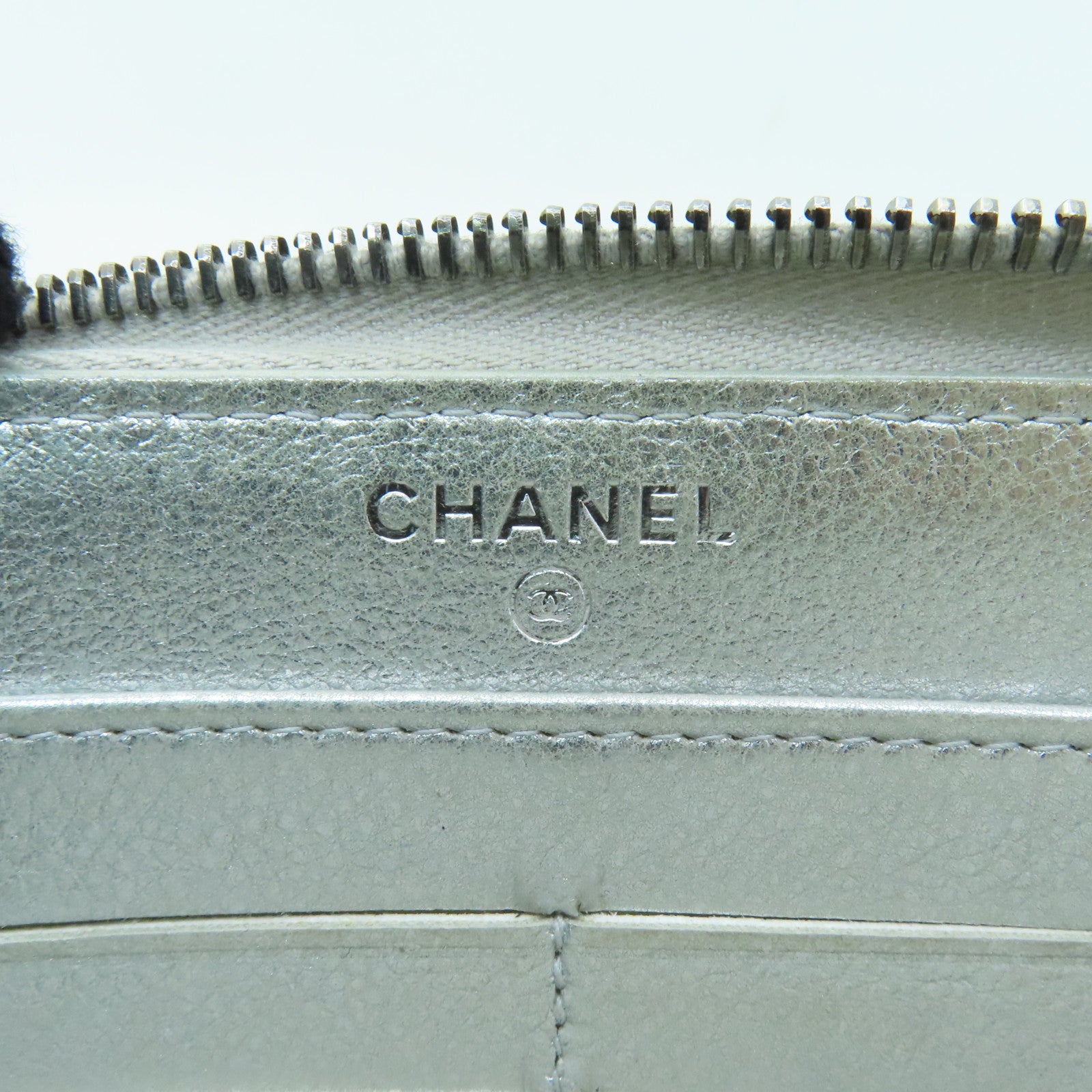 CHANEL 【激減優惠】斜紋羊皮皮革Zipped Long Wallet銀扣長錢包銀色