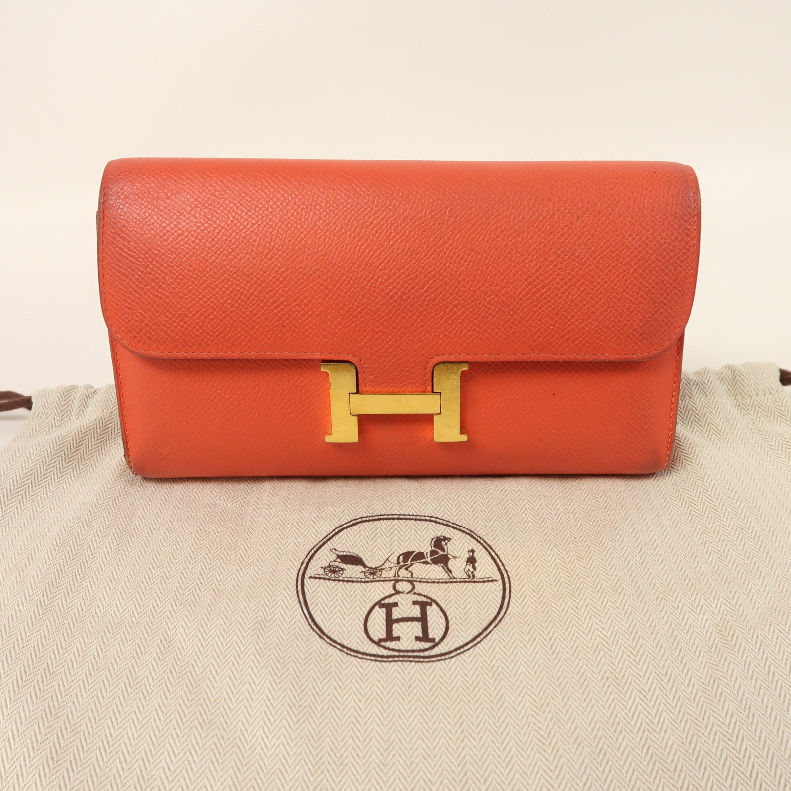HERMES Epsom皮革Constance Long Wallet金扣長錢包Rose Texas橘紅色