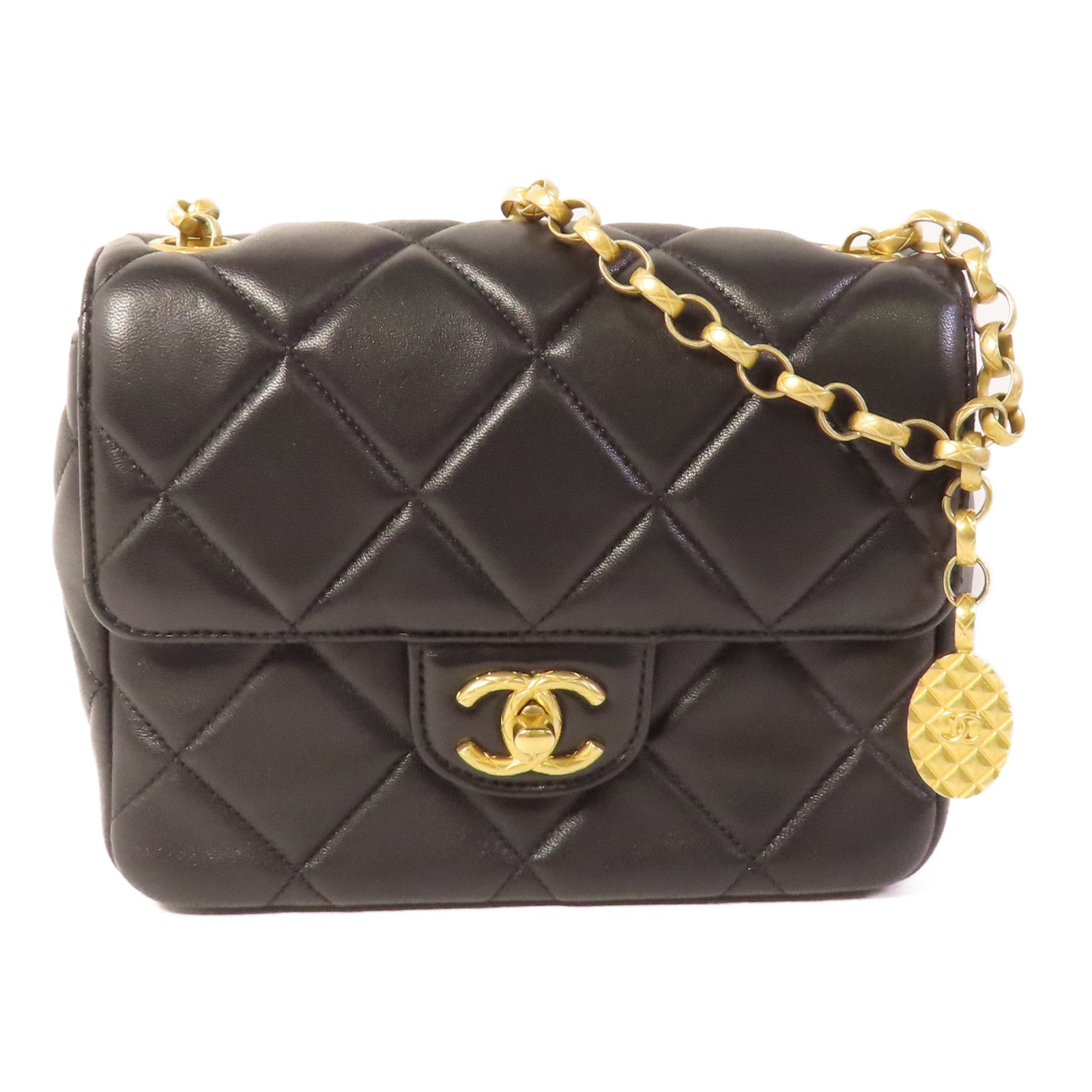 CHANEL CC GHW Gold Coin Chain Flap Shoulder Bag Lambskin Leather Black