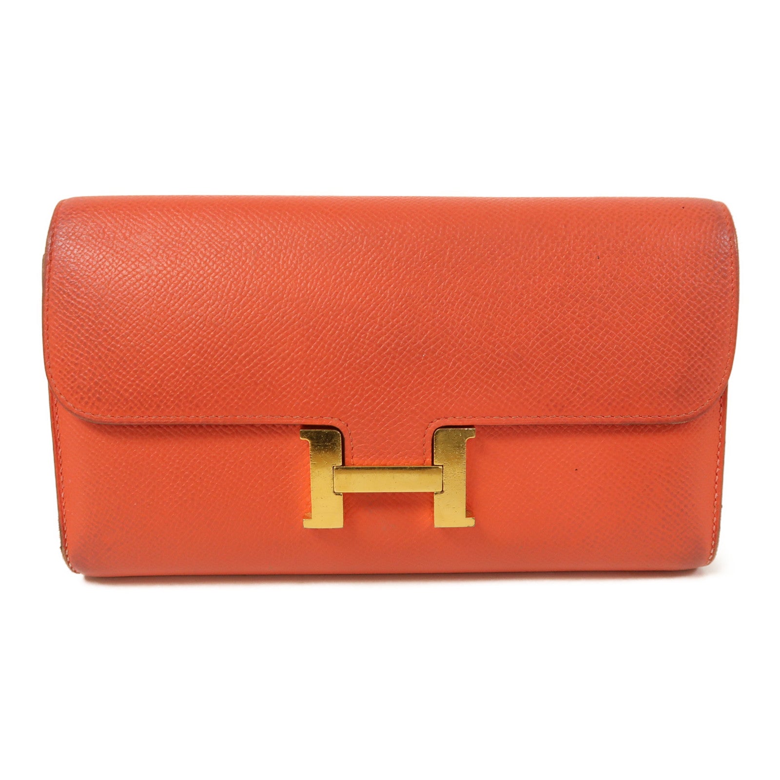 HERMES Epsom皮革Constance Long Wallet金扣長錢包Rose Texas橘紅色