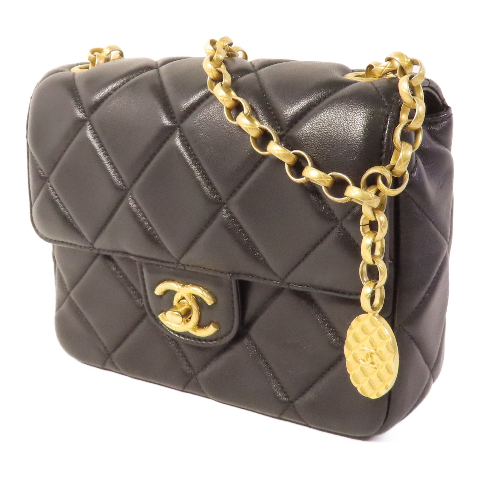 CHANEL CC GHW Gold Coin Chain Flap Shoulder Bag Lambskin Leather Black
