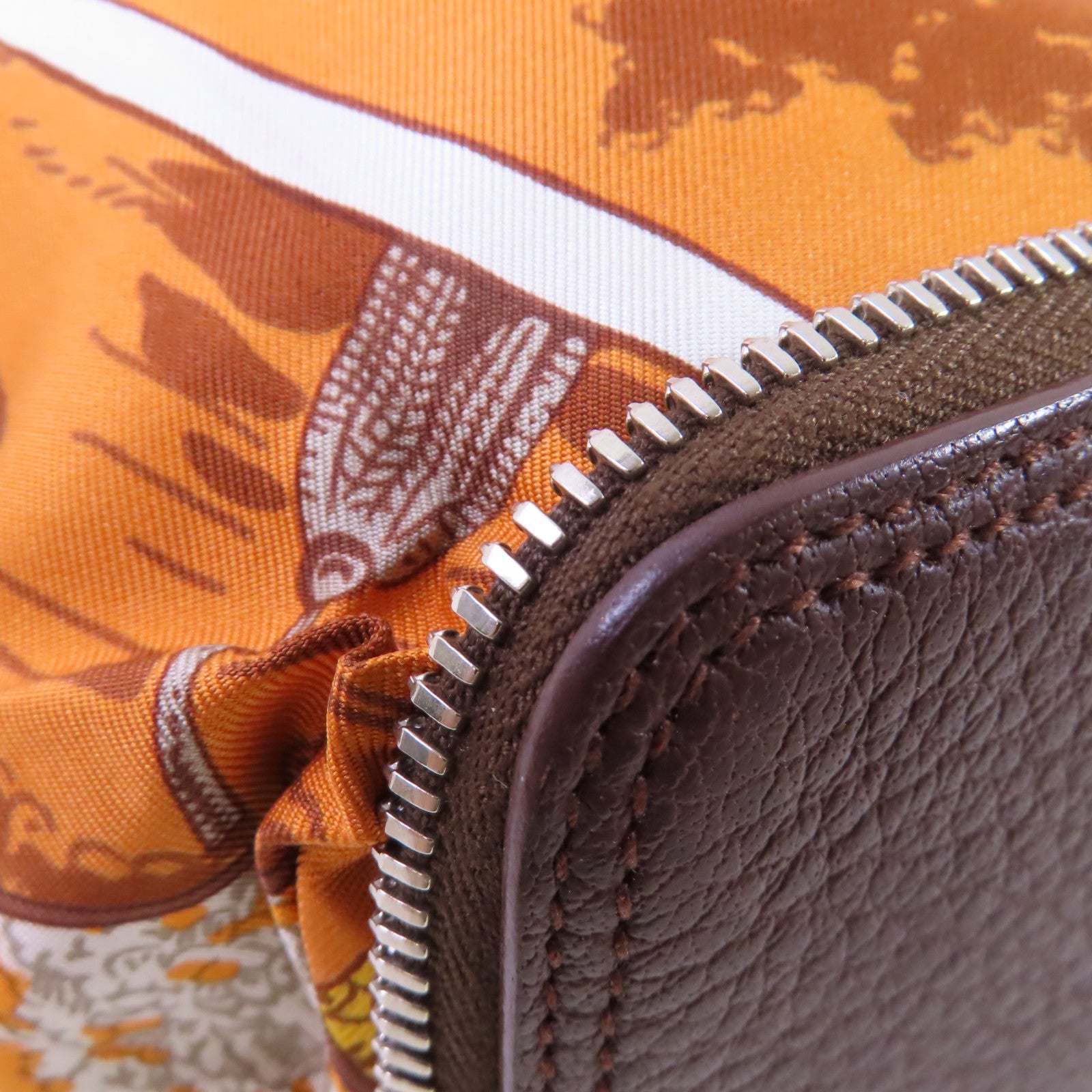 HERMES 牛皮皮革/絲質Sliky POP Shoulder Bag銀扣橙色/彩色