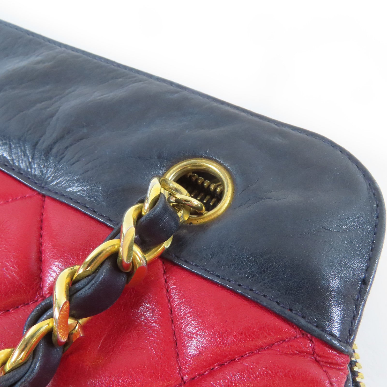 CHANEL 菱格羊皮皮革Chain Shoulder Bag金扣鏈帶肩背袋紅色/深藍色