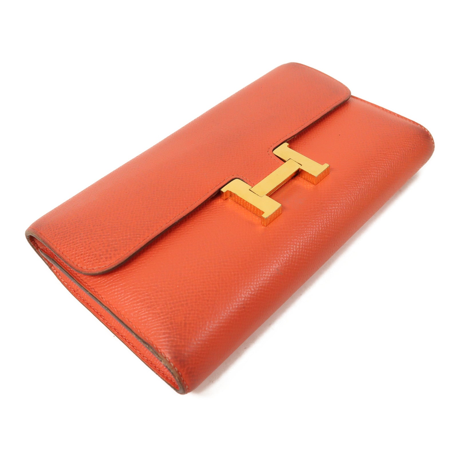 HERMES Epsom皮革Constance Long Wallet金扣長錢包Rose Texas橘紅色