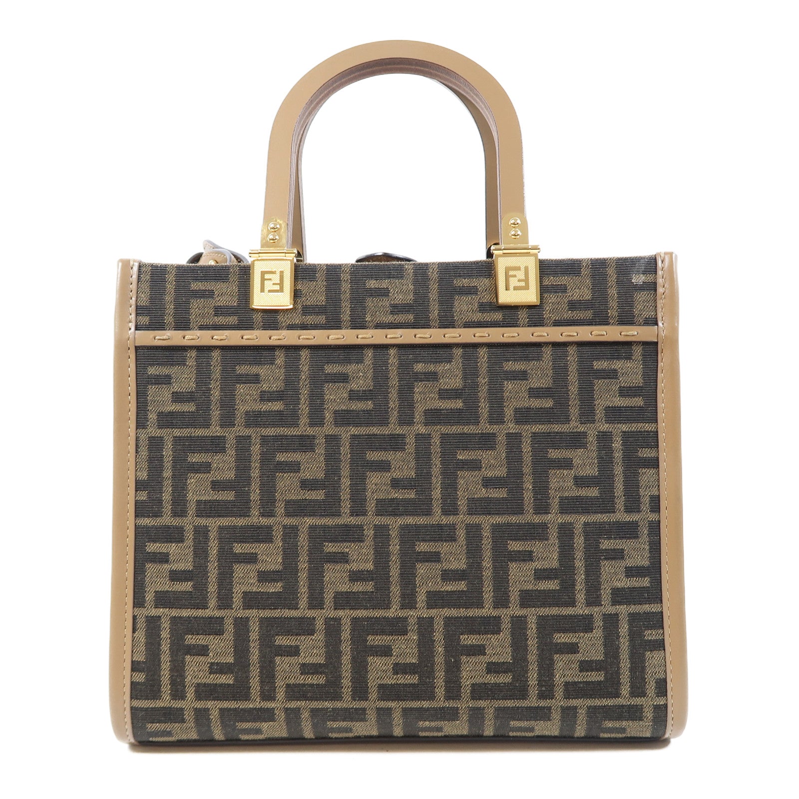 FENDI 帆布/皮革Sunshine Small金扣手挽肩背兩用袋啡色