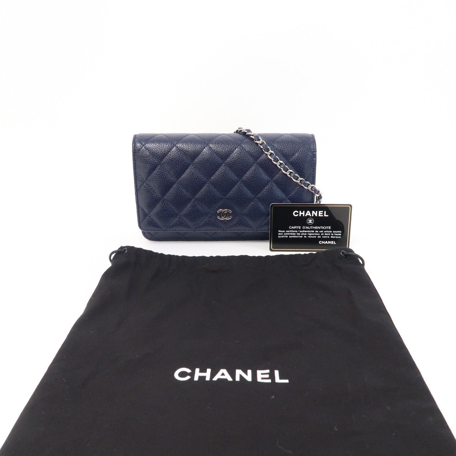 CHANEL 菱格Caviar皮革Wallet On Chain銀扣鏈帶肩背袋深藍色