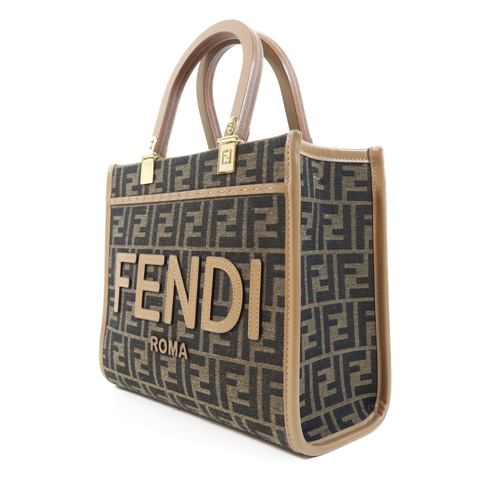 FENDI 帆布/皮革Sunshine Small金扣手挽肩背兩用袋啡色