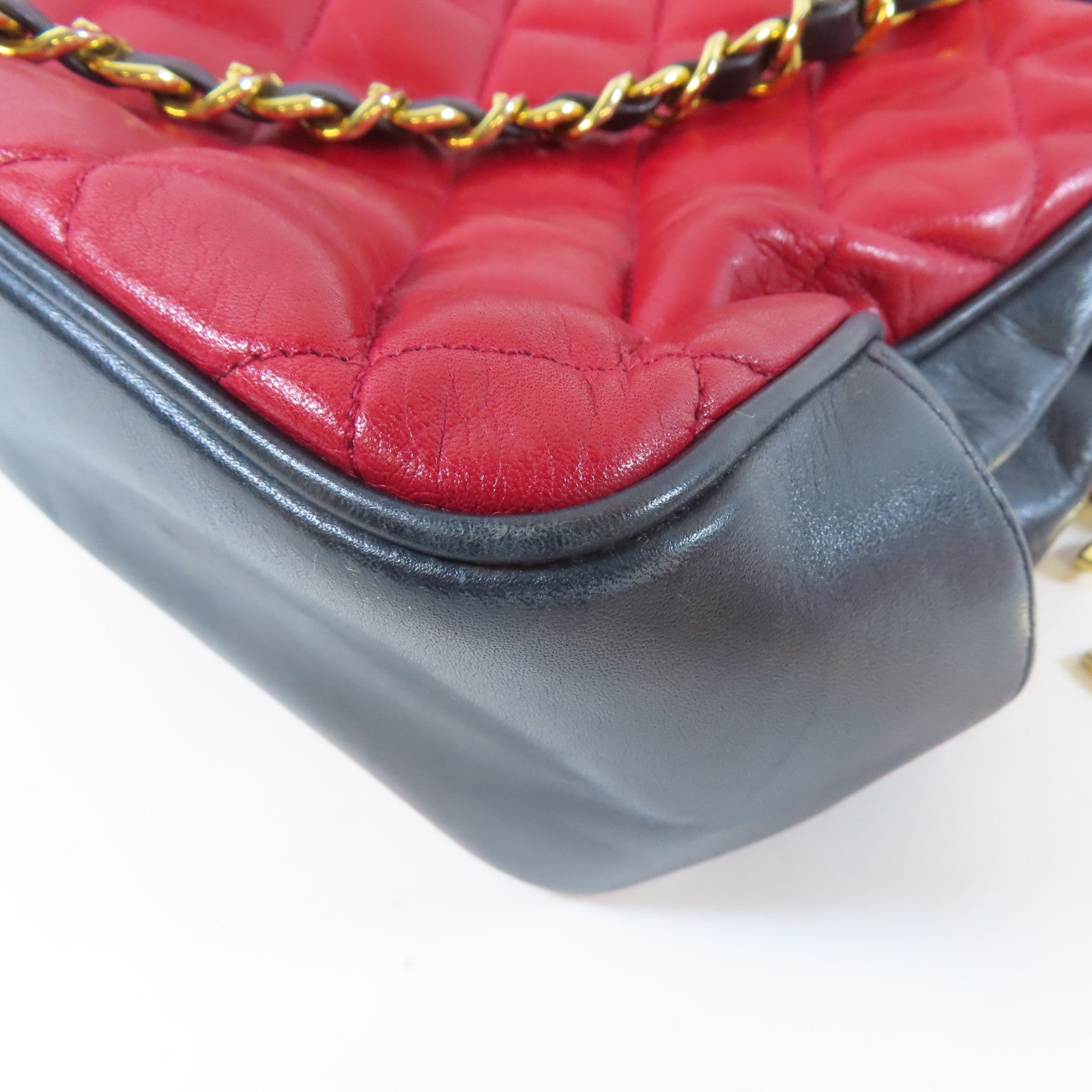 CHANEL 菱格羊皮皮革Chain Shoulder Bag金扣鏈帶肩背袋紅色/深藍色