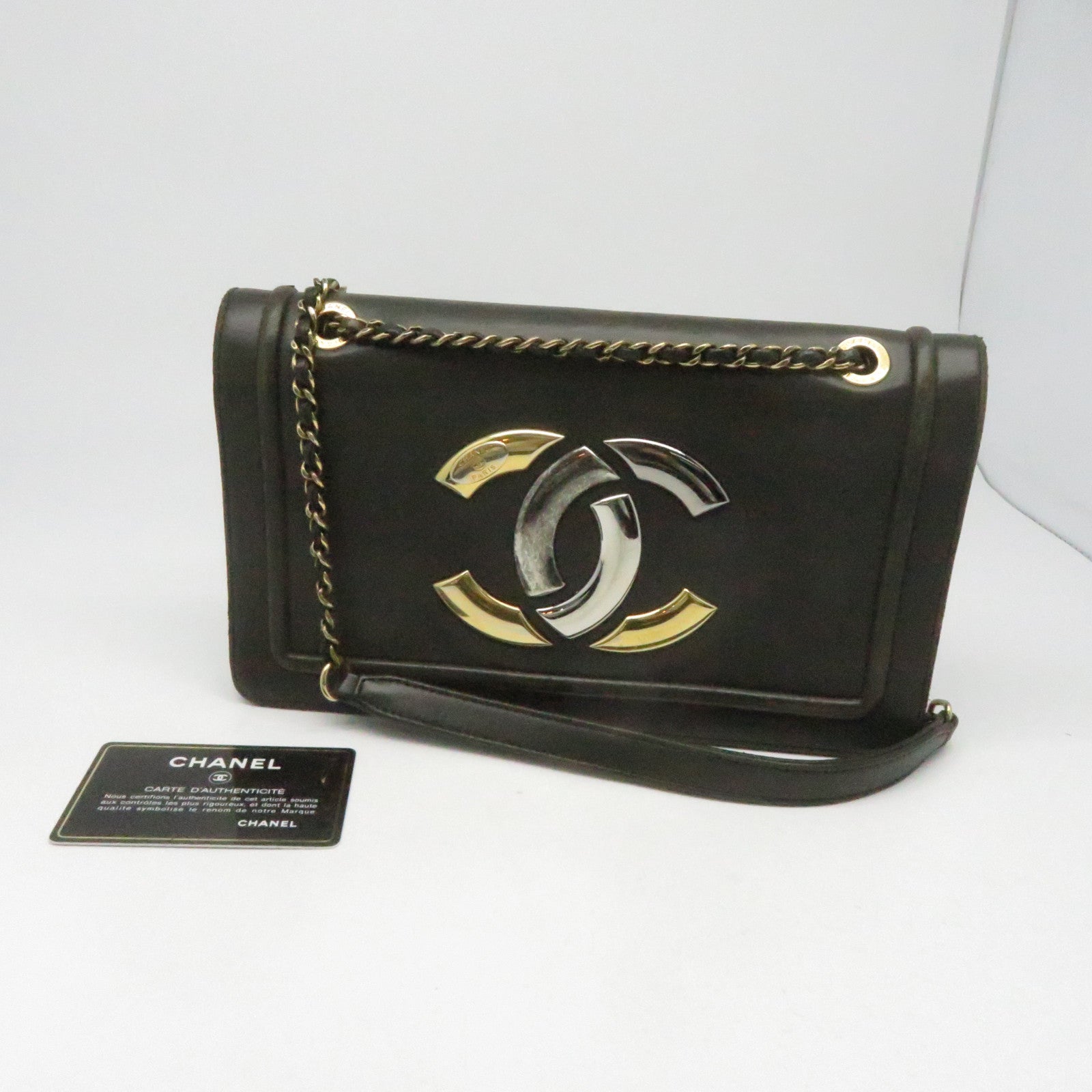 CHANEL 【清倉大減價】牛皮皮革Chain Shoulder金扣鏈帶肩背袋灰色