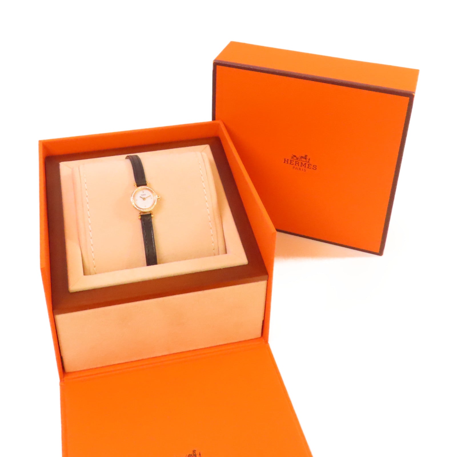 HERMES Faubourg Bezel Diamond Watch 18K玫瑰金/鑽石/皮革帶石英機芯手錶白色
