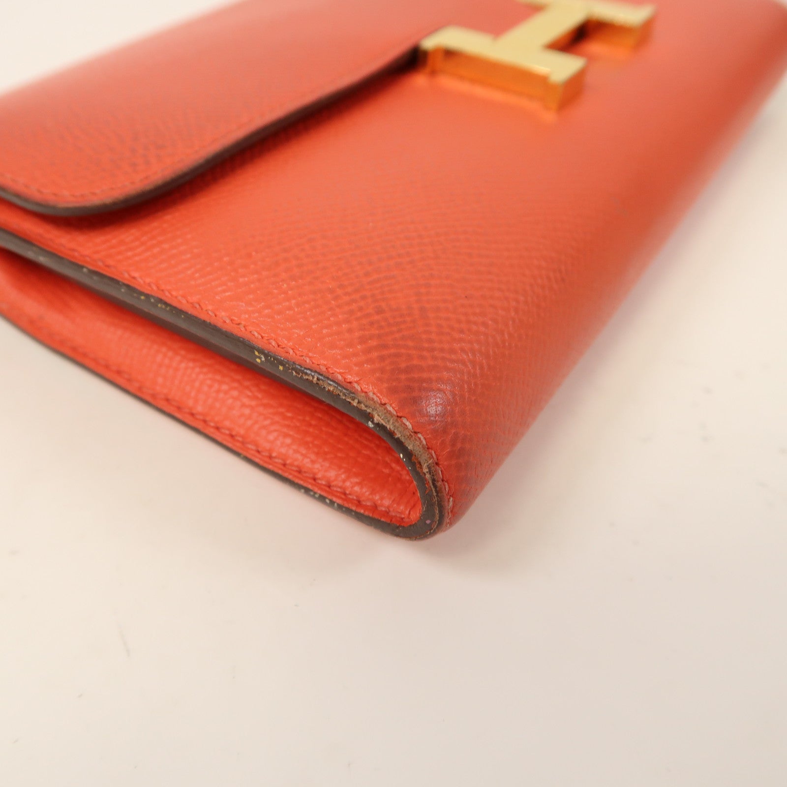 HERMES Epsom皮革Constance Long Wallet金扣長錢包Rose Texas橘紅色