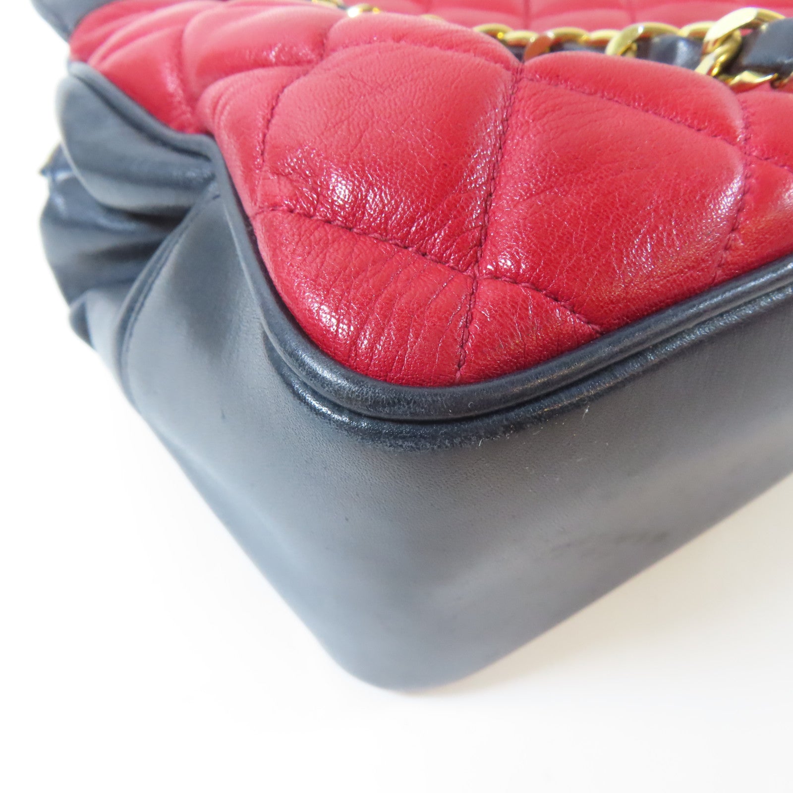 CHANEL 菱格羊皮皮革Chain Shoulder Bag金扣鏈帶肩背袋紅色/深藍色