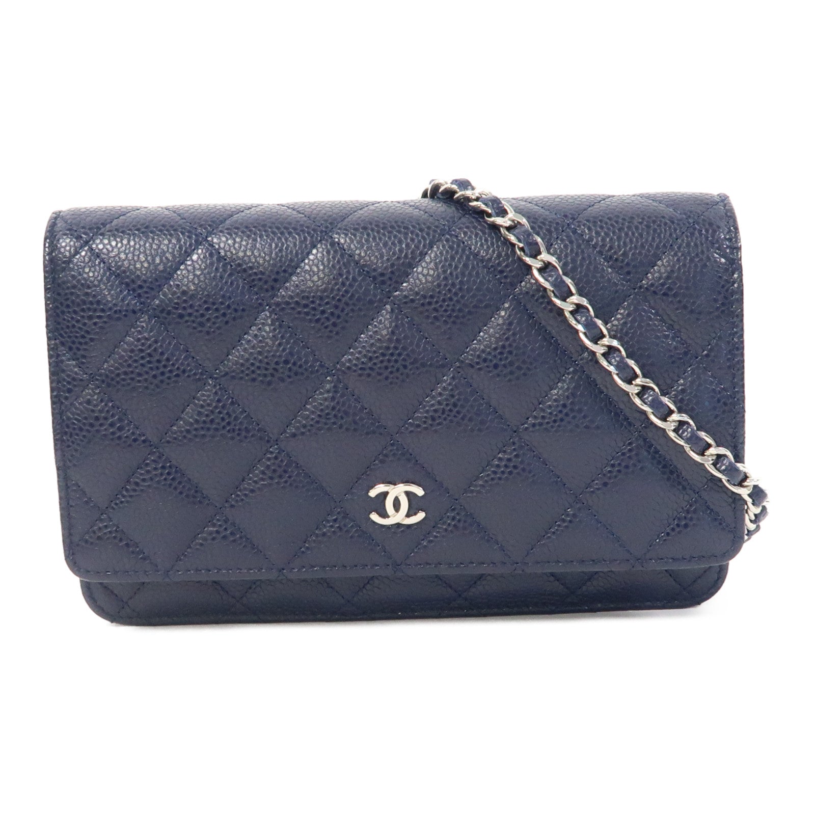 CHANEL 菱格Caviar皮革Wallet On Chain銀扣鏈帶肩背袋深藍色