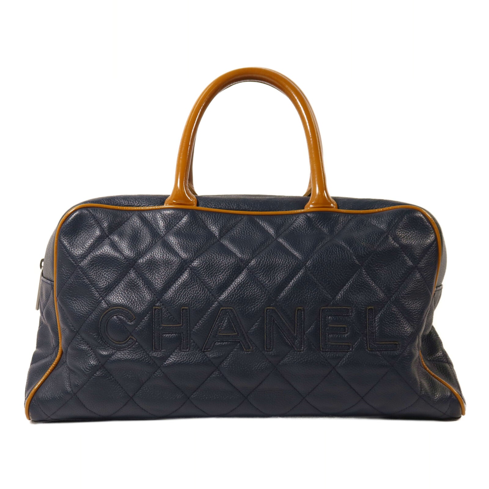 CHANEL 牛皮皮革Boston Bag銀扣手挽袋