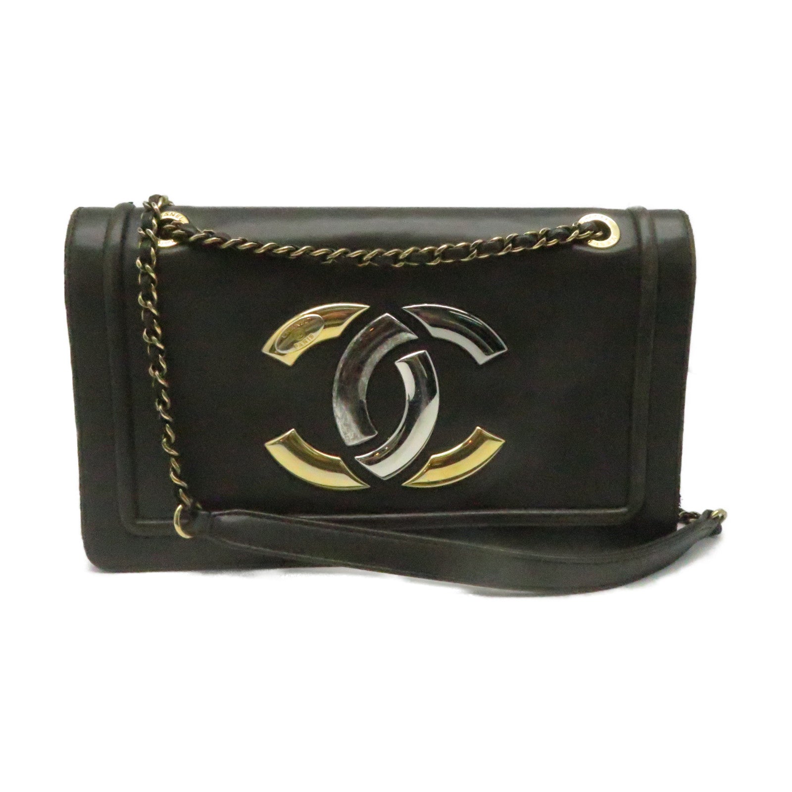 CHANEL 【清倉大減價】牛皮皮革Chain Shoulder金扣鏈帶肩背袋灰色