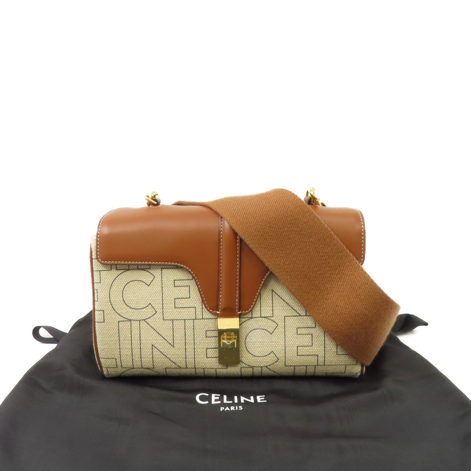 CELINE 【激減優惠】帆布/皮革Teen Soft 16金扣肩背袋米色/啡色