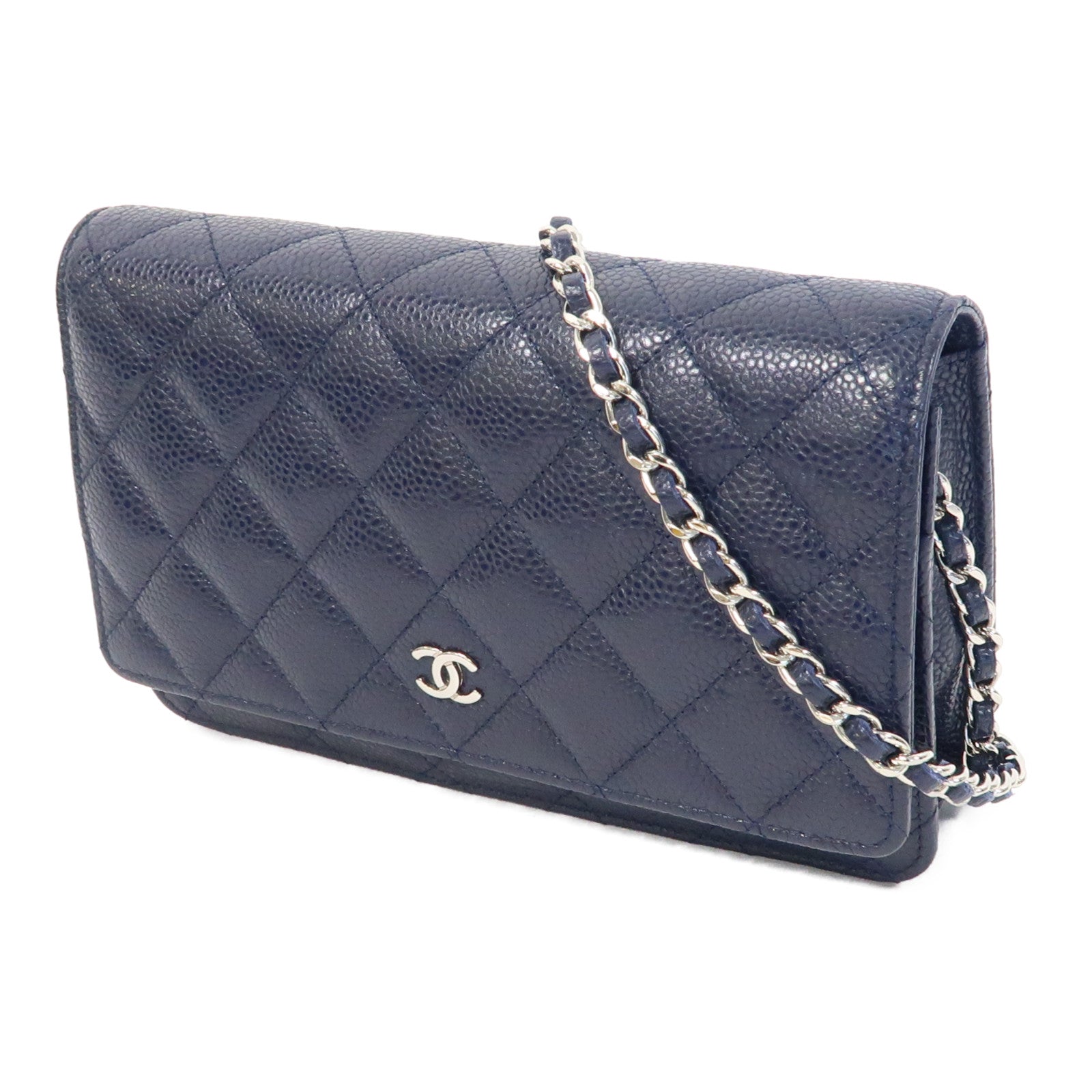 CHANEL 菱格Caviar皮革Wallet On Chain銀扣鏈帶肩背袋深藍色