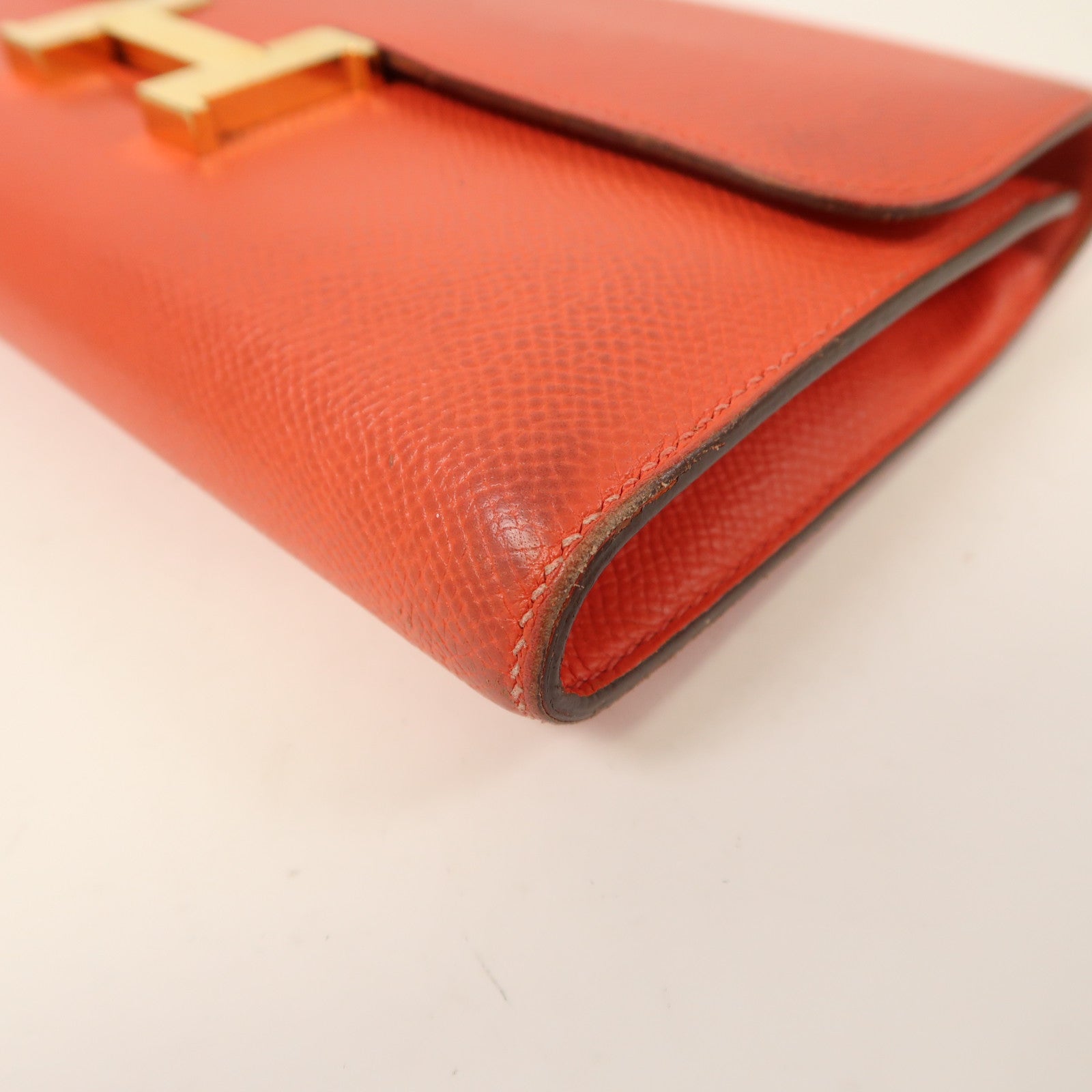 HERMES Epsom皮革Constance Long Wallet金扣長錢包Rose Texas橘紅色
